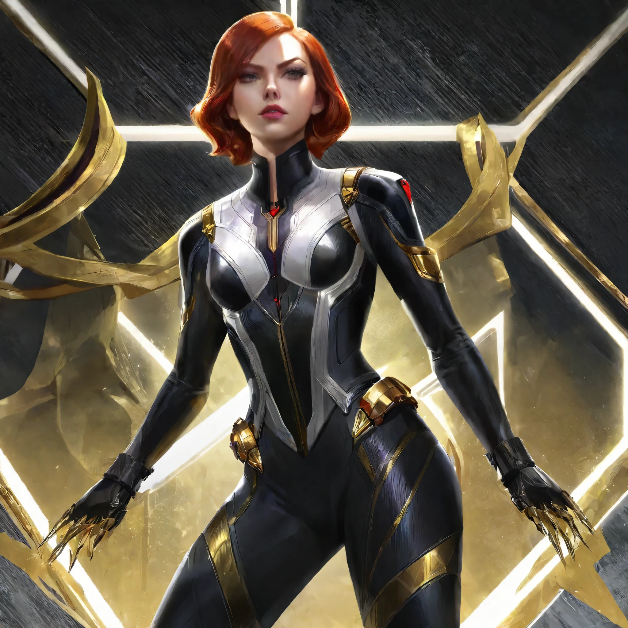 Black Widow with a Gold and white costume suit, Game Artwork style, highly detailed, perfectly human anatomy