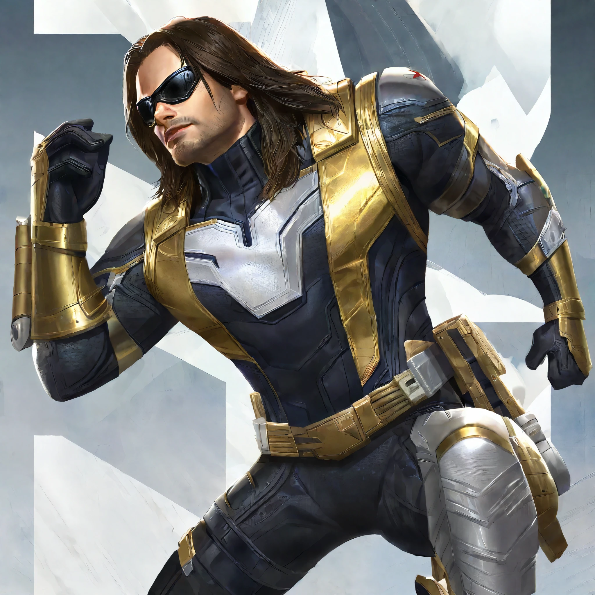 Winter Soldier with a Gold and white costume suit, Game Artwork style, highly detailed, perfectly human anatomy