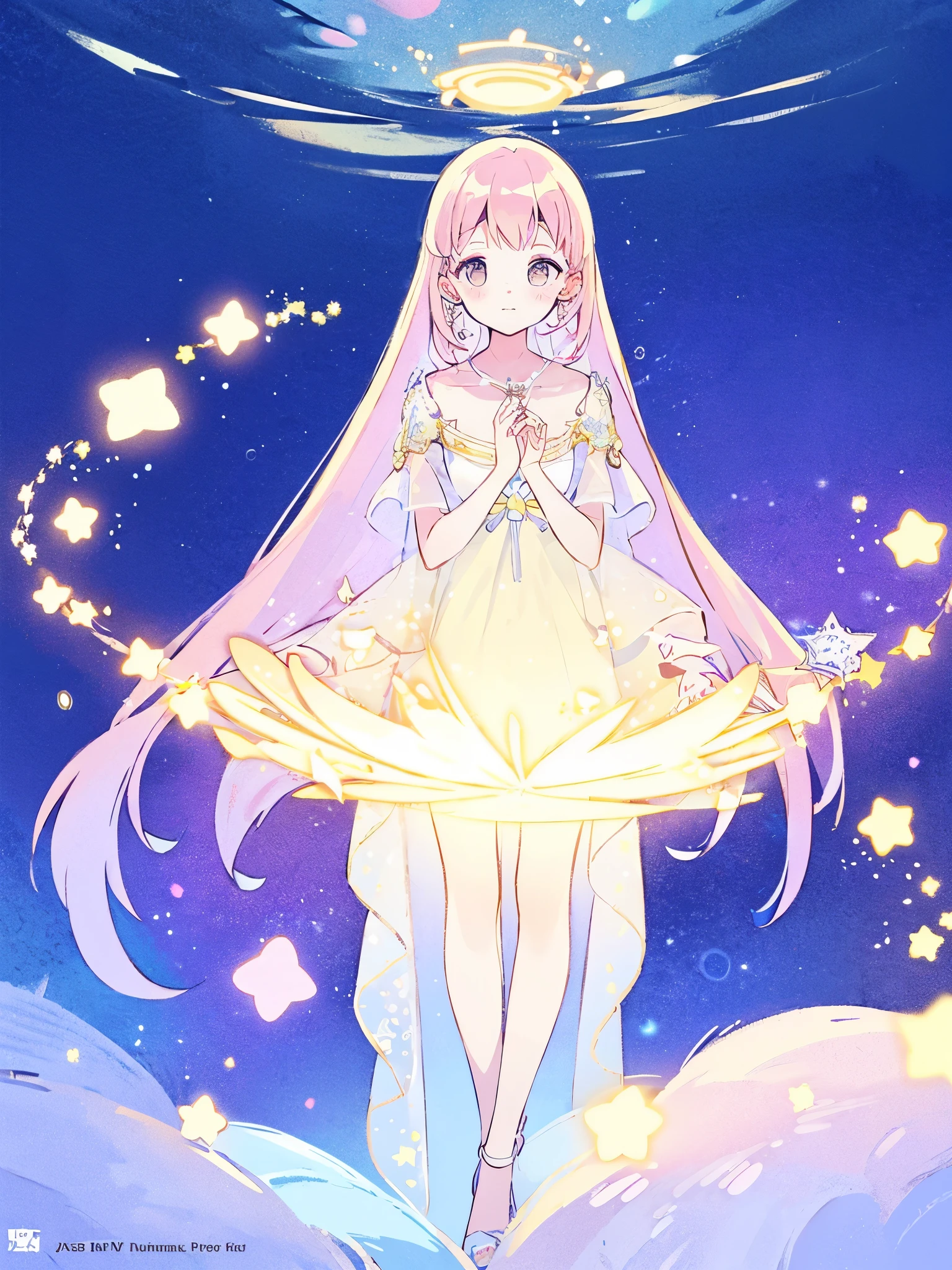 complex background, wishing star background, a woman wearing an ethereal mystical pink translucent dress that reflects the stars, perfume promo art, mystic, complex drawing, highly detailed, Covergirl brand, promo art, artistic rendition, ethereal, starry night, midjourney style