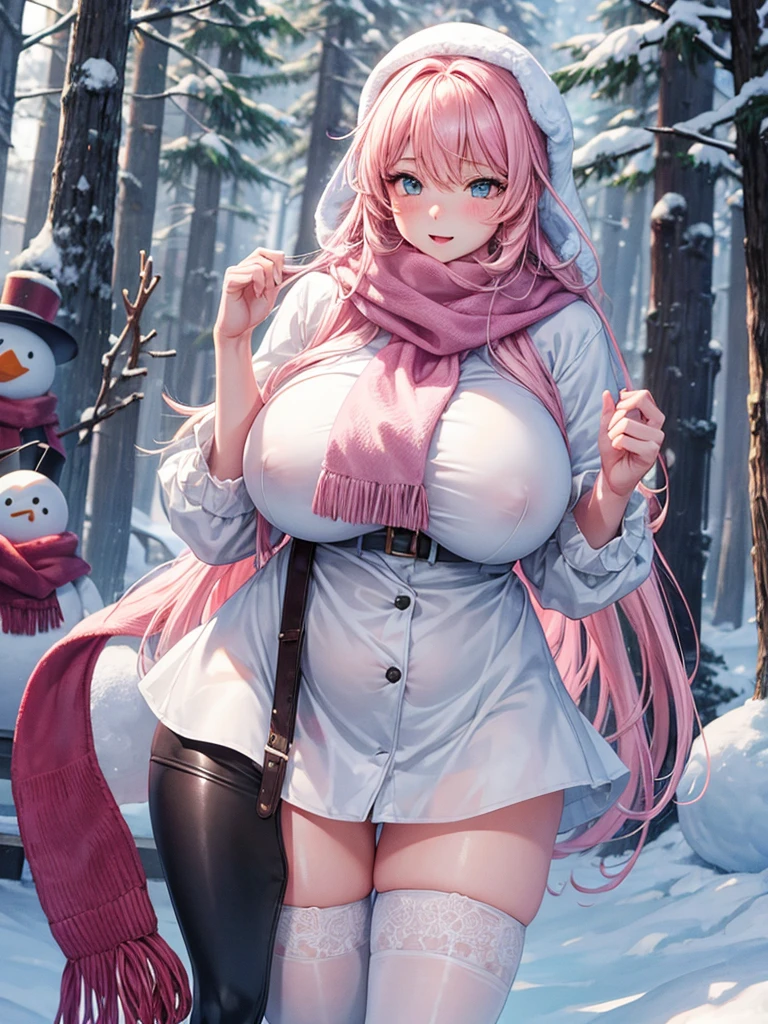 teens big heavy tits, sexy, tight-fitting translucent lingerie, snow war, pink scarf. snow, pine trees, snowman.