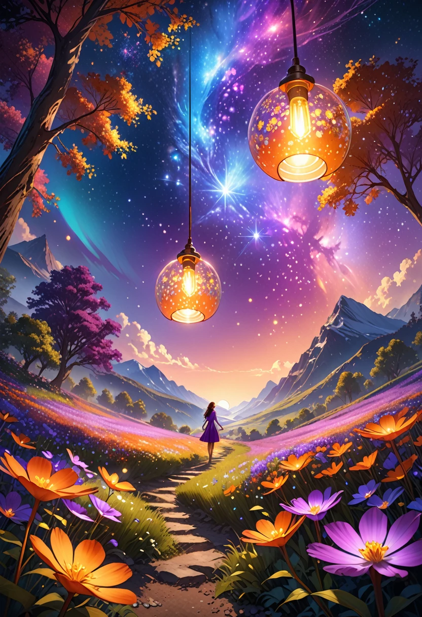 Extensive landscape photography , (bottom view: sky above and open field below), A girl stands in a flower field and looks up, (full moon:1.2), ( falling stars:0.9), (nebula:1.3), distant mountain, tree BREAK production art, (warm light source:1.2), (Firefly:1.2), lamp, lots of purple and orange, complex parts, volumetric lighting BREAK (masterpiece:1.2), (Best quality), 4K, ultra detailed, (Dynamic composition:1.4), very detailed, colorful details,( iridescent colors:1.2), (Glowing Lighting, atmospheric lighting), Dreamy, magic, (One:1.2)