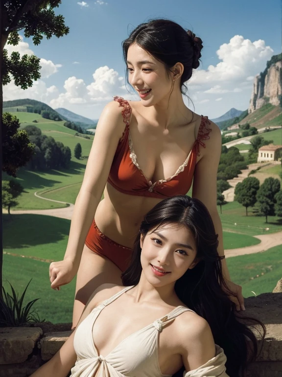 Ancient Roman landscape in the style of Nicolas Poussin,laughter,,Sweet and seductive appearance.、Caravaggio's paintings、Chiaroscuro of Caravaggio、hair tousled by the wind,Two women frolicking,cute smile, expression of ecstasy,Sexy,erotic