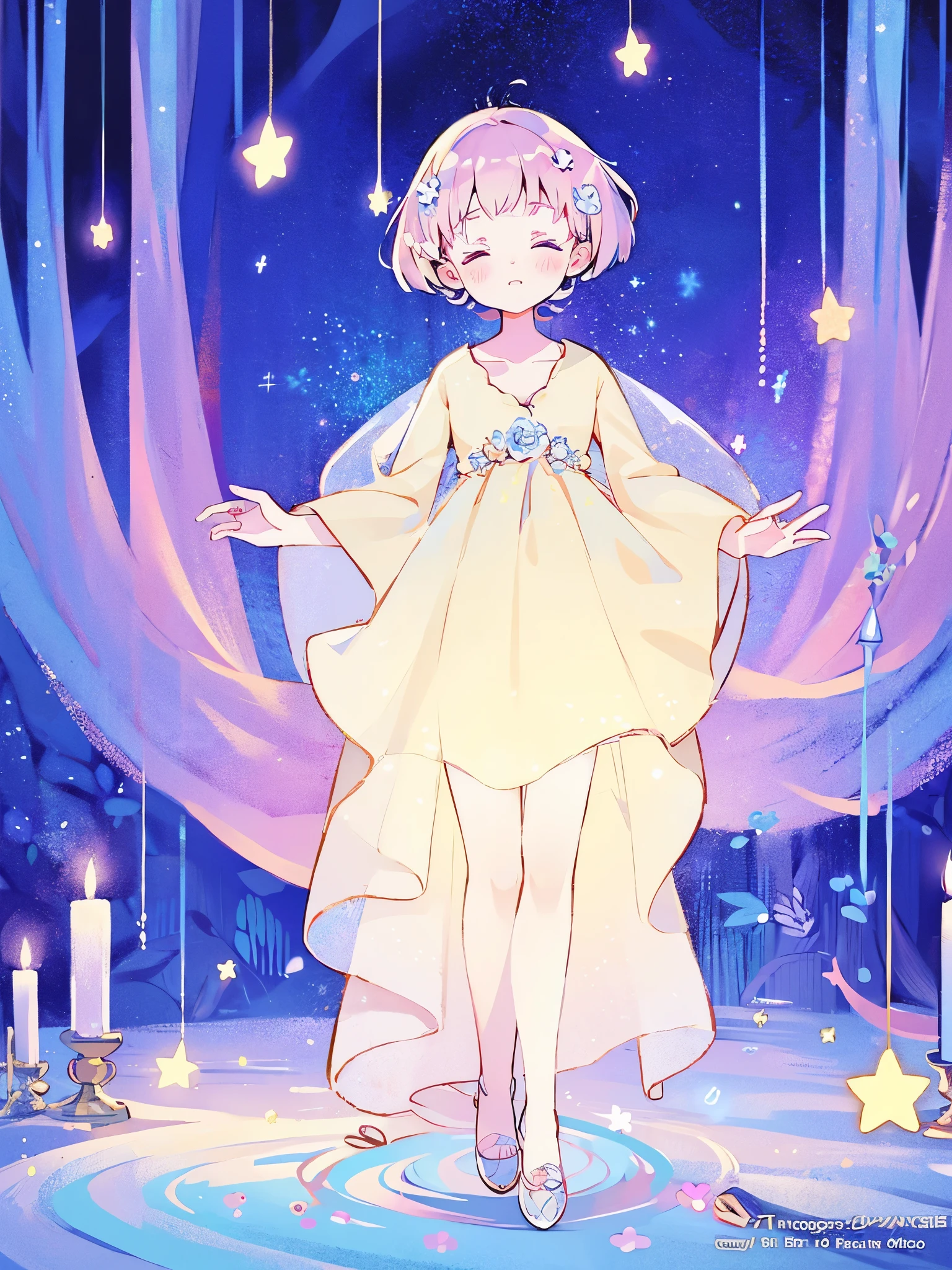 complex background, wishing star background, a woman wearing an ethereal mystical pink translucent dress that reflects the stars, perfume promo art, mystic, complex drawing, highly detailed, Covergirl brand, promo art, artistic rendition, ethereal, starry night, midjourney style