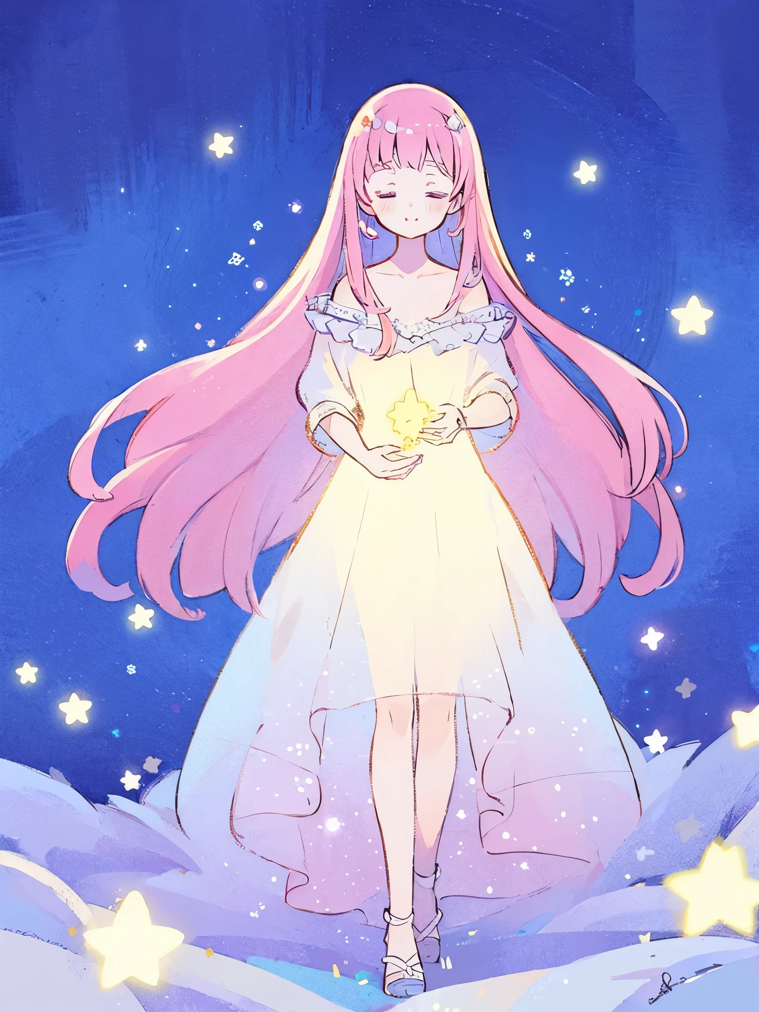 complex background, wishing star background, a woman wearing an ethereal mystical pink translucent dress that reflects the stars, perfume promo art, mystic, complex drawing, highly detailed, Covergirl brand, promo art, artistic rendition, ethereal, starry night, midjourney style