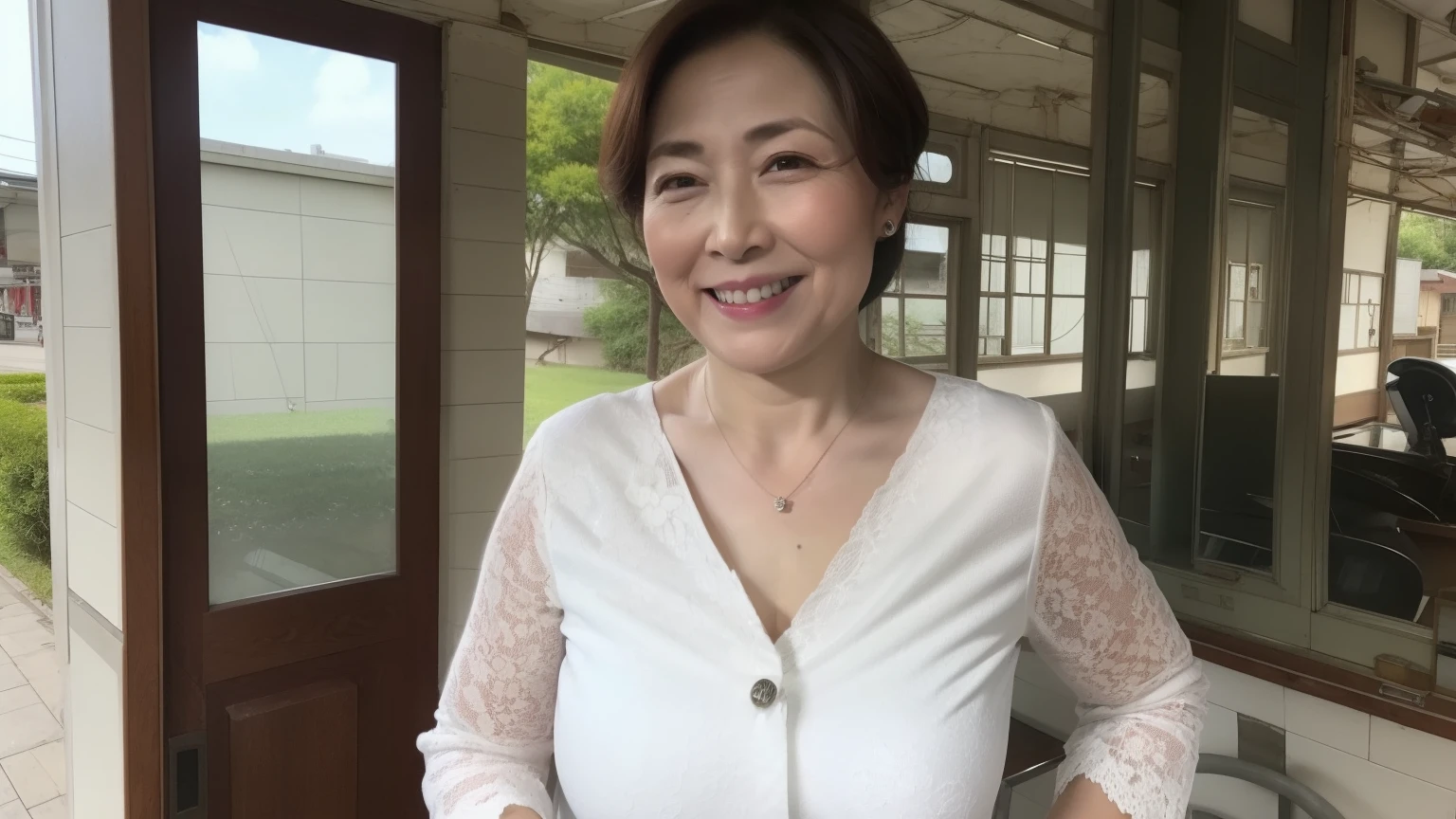 Gravure, From the chest up, Wrinkle,mast, highest quality, Super detailed, Realistic, Highly detailed skin, Perfect Anatomy, (1 Japanese Mature Woman), (alone), 75 years old, Big Breasts, Housewife on the way home from shopping, Charismatic, Sexy, Chromo White Skin, Displaying the viewer,Middle-aged women,(No cleavage),Upper Leg,room,Outdoor,Earrings,necklace,Spring-like shirt,White tight skirt,,