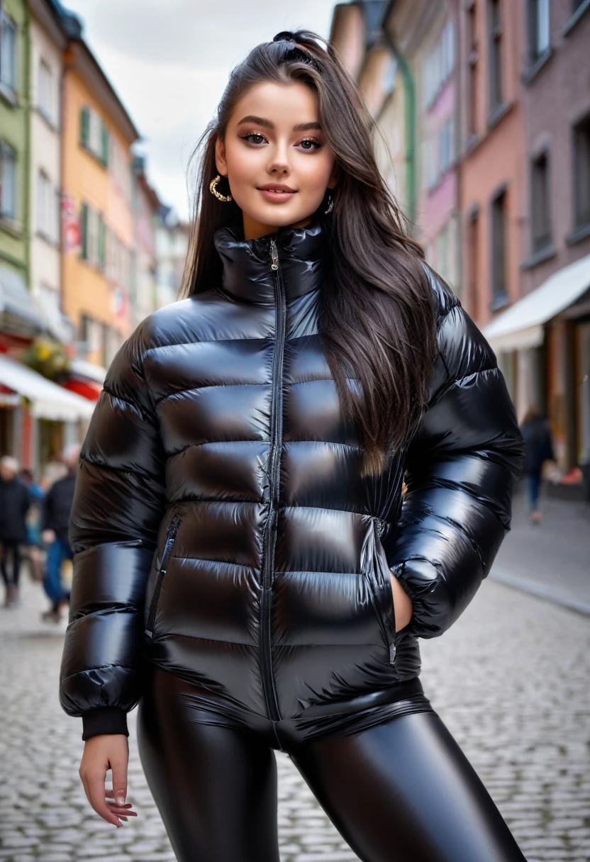 hyperrealistic beautiful busty 18-year-old teen girl with long legs wearing glossy black voluminous puffer jacket and shiny see through plastic leggins, model shooting full body photography, raven black hair with long ponytail, dark eye makeup with eyeliner, seductive smile, small necklace, 8K, Best quality, Meisterwerk, ultra high resolution, (Realismus: 1.4), Originalfoto, (realistische Hautstruktur: 1.3), (Filmkorn: 1.3), (Selfie-Winkel), 1 girl, Beautiful round hazel eyes and facial details, Meisterwerk, Best quality, street photography on a sunny day, nsfw with cameltoe
