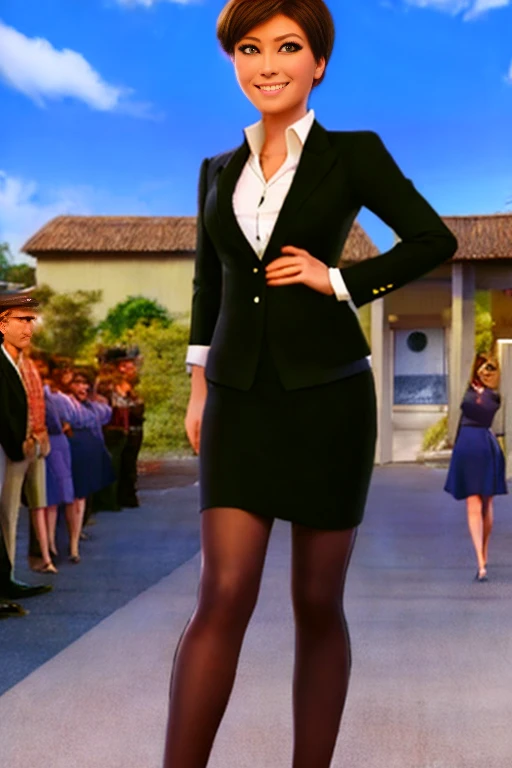 woman、１people、45歳のwoman教師、Cowboy Shot、slim、美people、Well-groomed face、Business suit with knee-length pencil skirt、Walk towards the viewer、Watching the audience。In the background is the school gate.、smile、Anatomically correct body