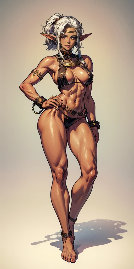 (Masterpiece, plain background:1.2) Female full body, standing straight symmetrical feet together, blood dark elf, dark skin, long messy white hair, short elf ears, circlet, yellow eyes, 1990s (style), female 1sologirl slingshot micro bikini, barefoot, bare handcuffs, shackles wristbands, bracers, bracelets, pauldrons metal shoulders