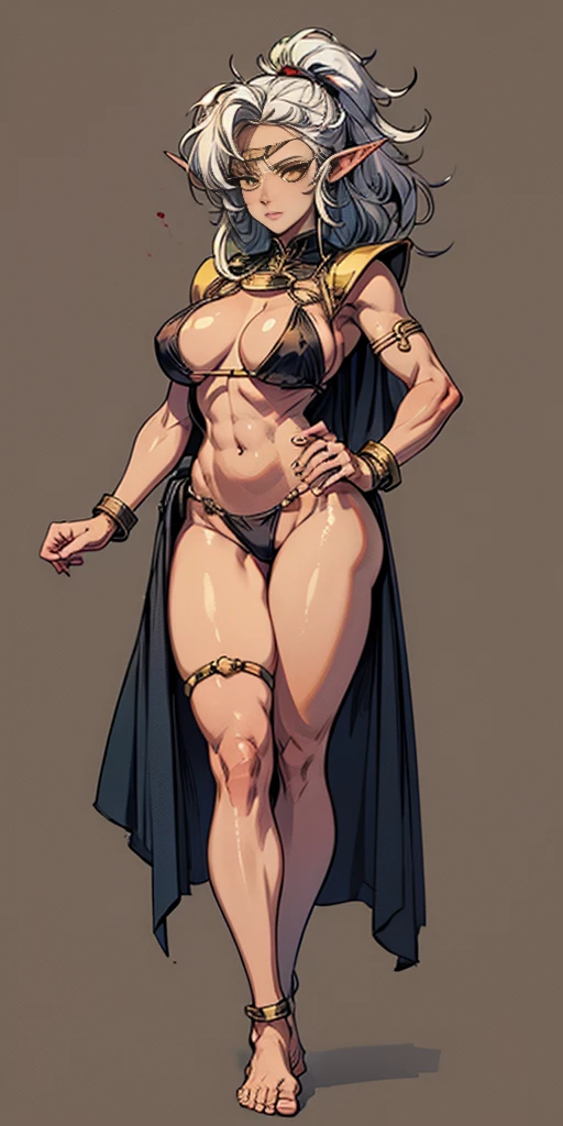 (Masterpiece, plain background:1.2) Female full body, standing straight symmetrical feet together, blood dark elf, dark skin, long messy white hair, short elf ears, circlet, yellow eyes, 1990s (style), female 1sologirl slingshot micro bikini, barefoot, bare handcuffs, shackles wristbands, bracers, bracelets, pauldrons metal shoulders