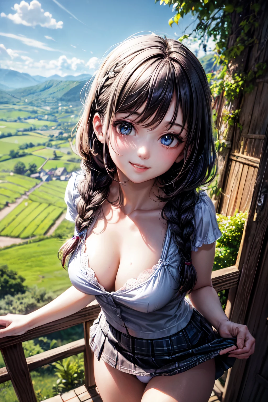 very cute and beautiful girl,(highly detailed beautiful face and eyes),
Naked
(smile:1.2),happy,looking at viewer,( mini skirt:1.15),skirt lift,(laced panties),
countryside,grassland,hilltop,wooden fence,detailed landscape,black hair,twin braid,
(best quality,masterpiece:1.0),absurdres,highres,ultra-detailed,extremely detailed,32k,8k resolution,
intricate details,cinematic scene,detailed background,solo,dynamic angle,