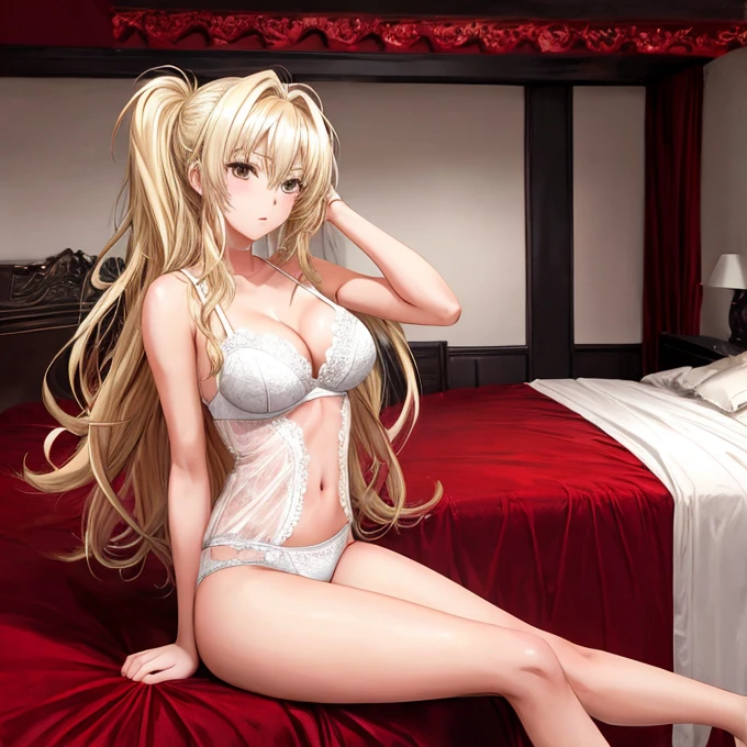 Anime girl, messy blonde hair, 20 years old, athletic body, medium natural breasts, seductive gaze, white lace lingerie, sitting on red bed, dark lit bedroom,