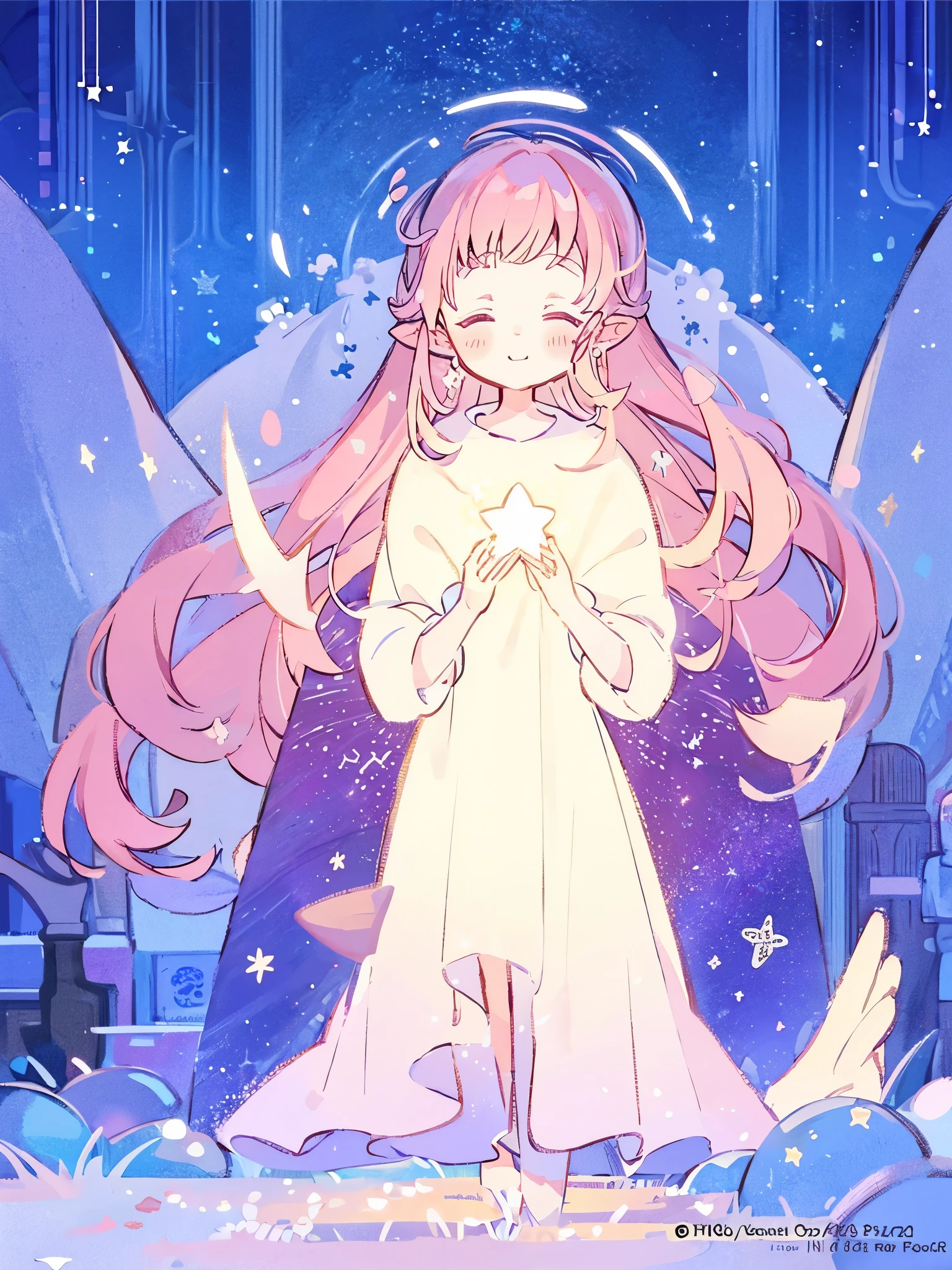 complex background, wishing star background, a woman wearing an ethereal mystical pink translucent dress that reflects the stars, perfume promo art, mystic, complex drawing, highly detailed, Covergirl brand, promo art, artistic rendition, ethereal, starry night, midjourney style