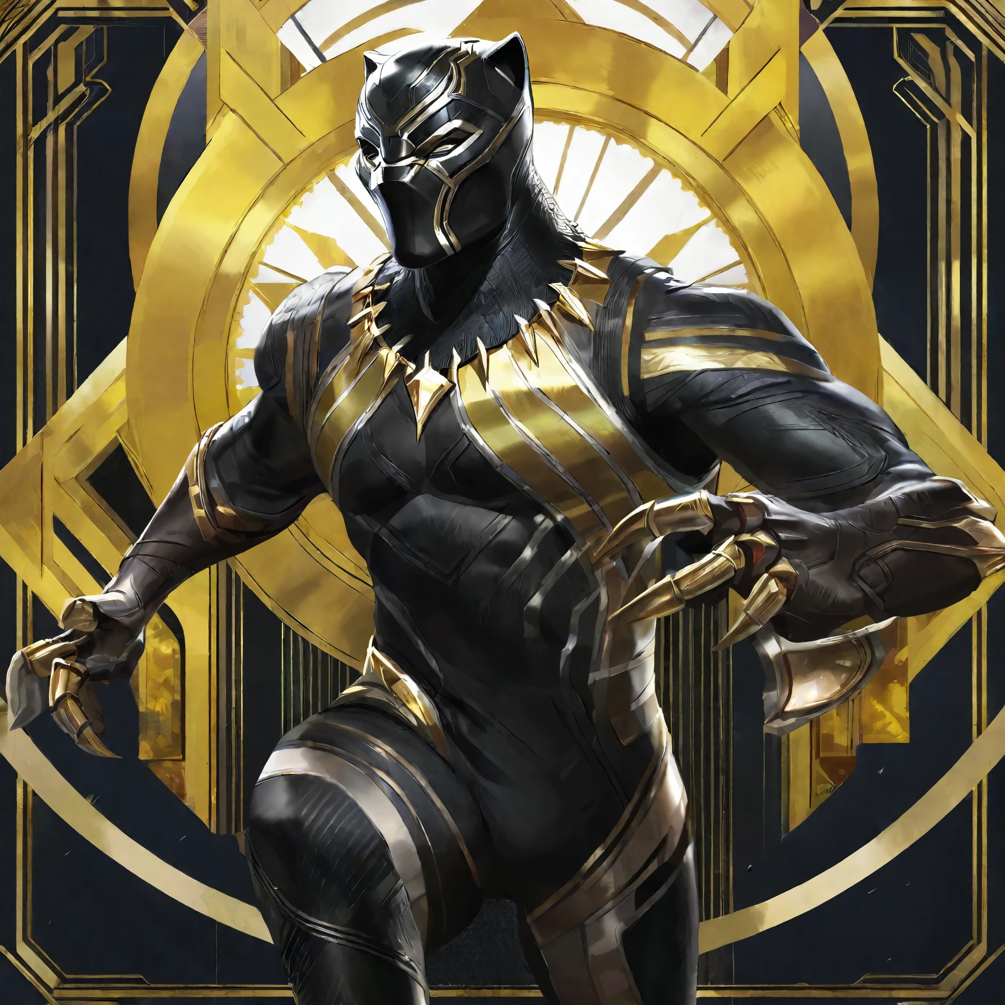 Black Panther with a Gold and white costume suit, Game Artwork style, highly detailed, perfectly human anatomy