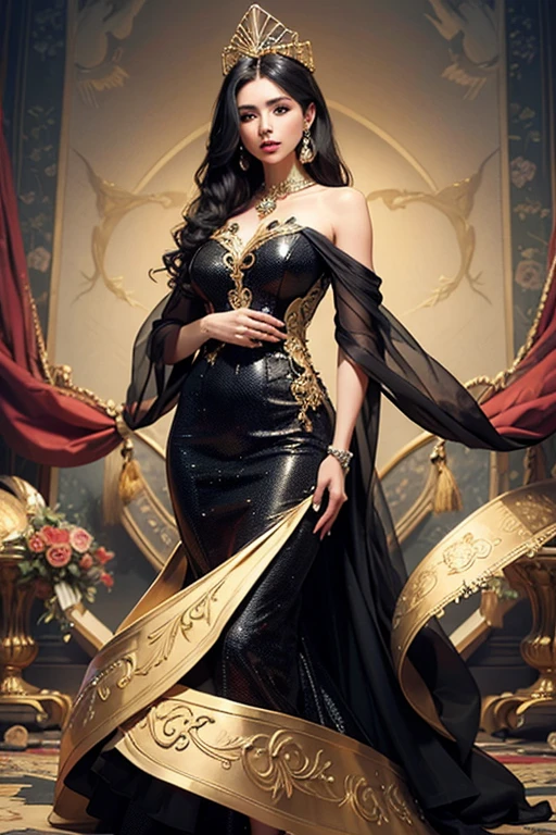 A mural of Miss World. Golden crown. black hair. Long golden dress.