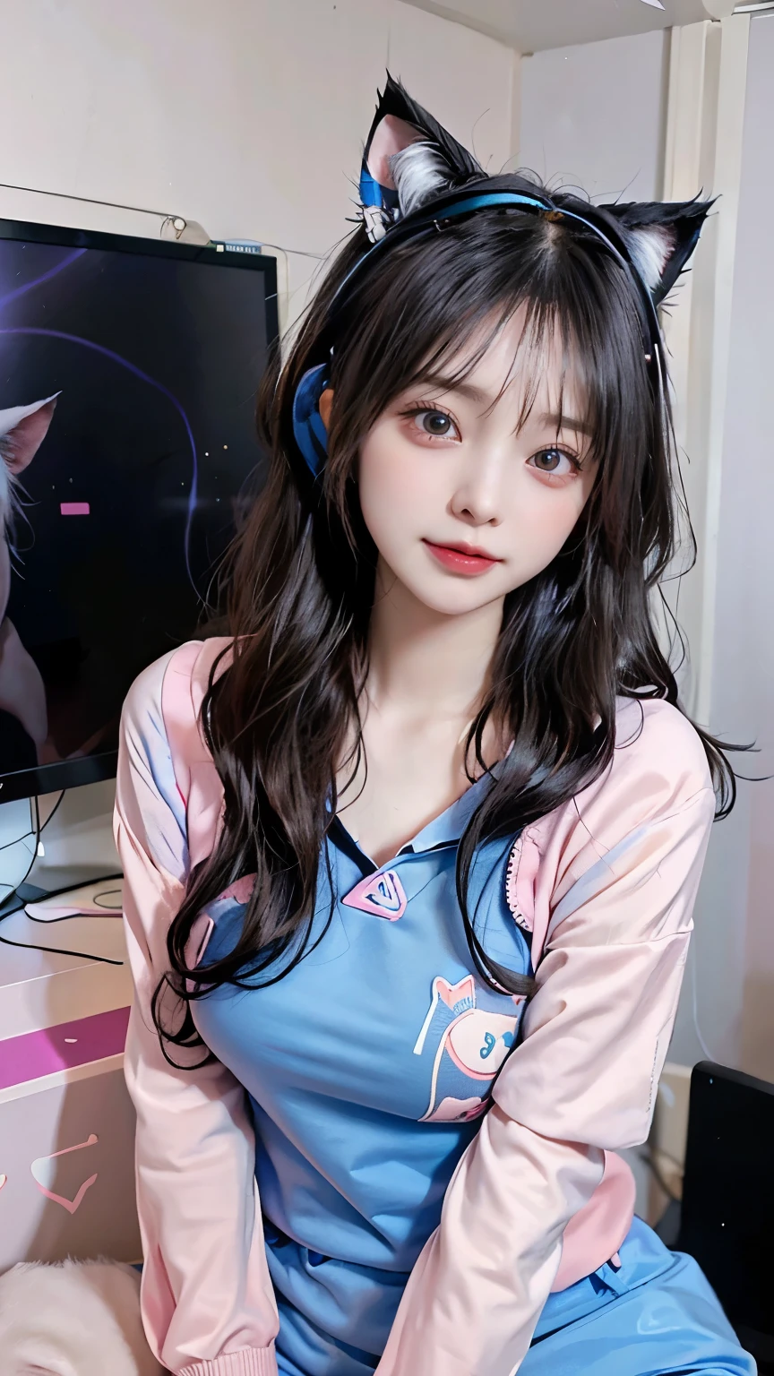 /imagine a beautiful anime girl live streaming from her room, with long black hair, big blue eyes, wearing a pink hoodie and a cute headset with cat ears, sitting in front of a modern computer setup with colorful LED lights, surrounded by plushies and posters on the wall, smiling and engaging with her audience, bright and cheerful atmosphere