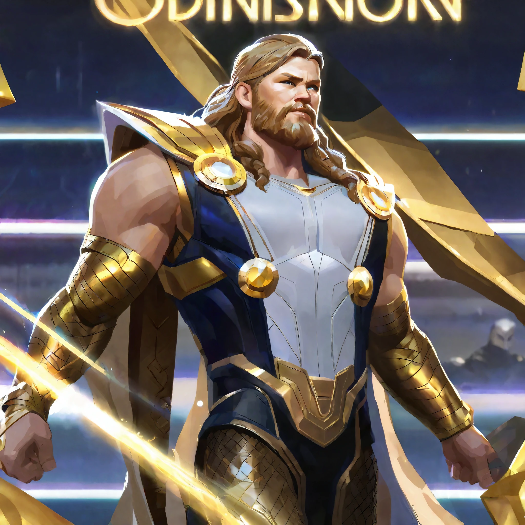 Thor Odinson with a Gold and white costume suit, Game Artwork style, highly detailed, perfectly human anatomy