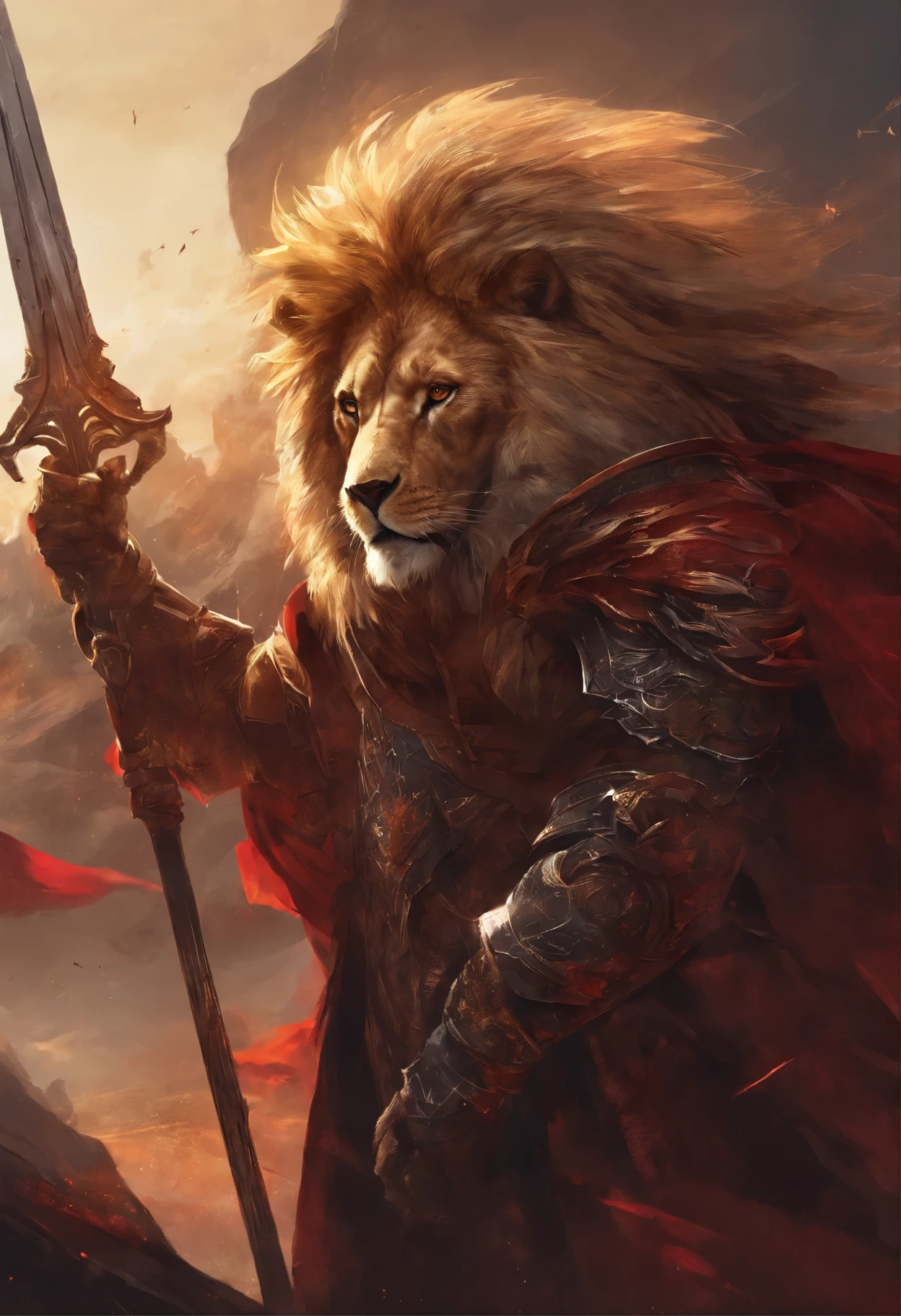 (best quality,highres,masterpiece:1.2),realistic,lion,humanized,warrior,portrait,heroic pose,majestic,regal,expressive eyes,strong jawline,proud expression,detailed facial features,shaggy mane,golden fur,glistening in the sunlight,sharp,big halbard,ornate hilt,black plate armor,black cloak,fierce stance,determined,gritty background,contrast of light and shadow,dynamic composition,vivid colors,intense reds and golds,soft lighting,creating depth and drama