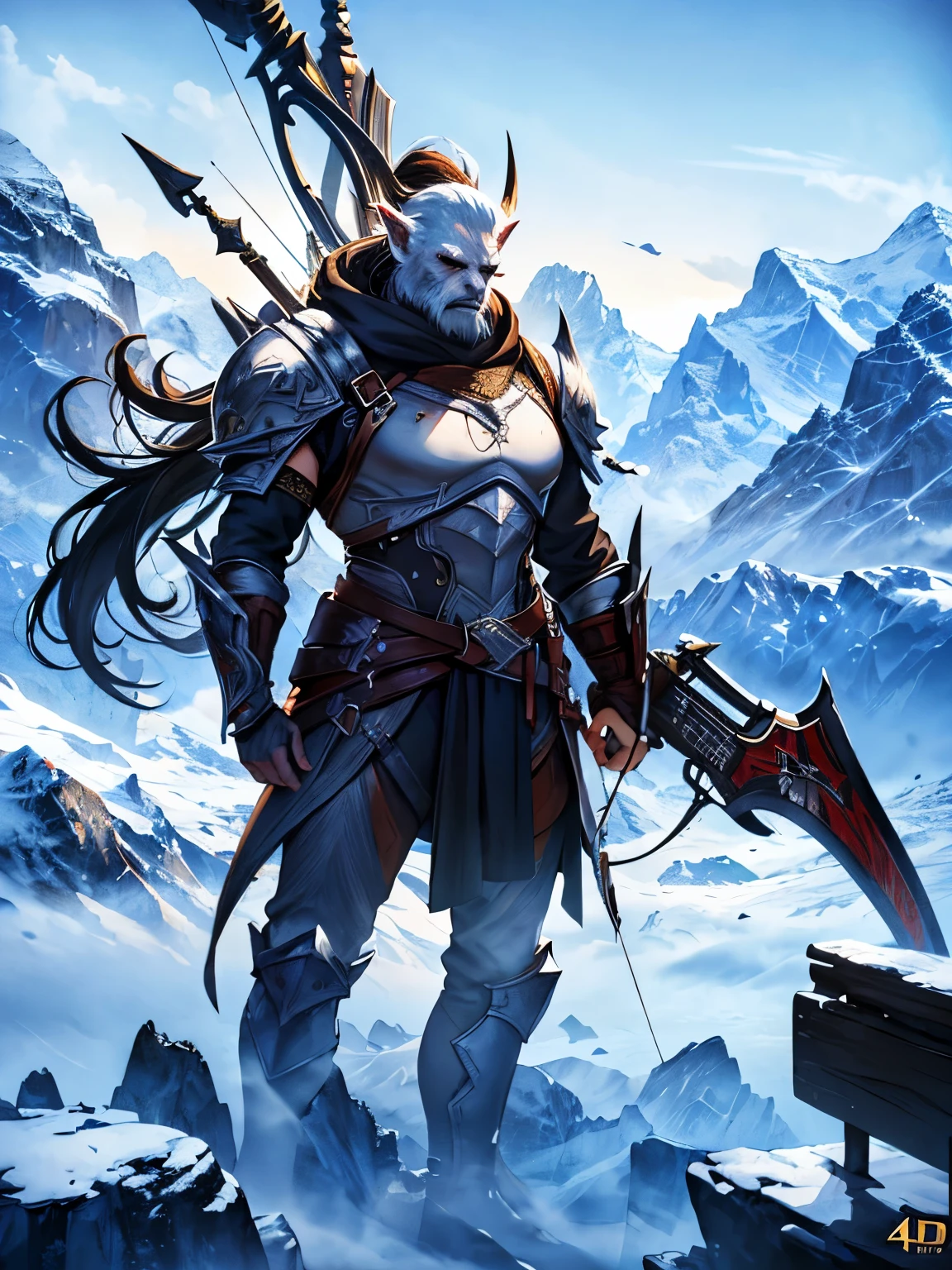 a white orc with a crossbow in bouth hand, quiver on back, leather armor, green landscape with snow-capped mountains in background, clear eyes, looking towards camera, no tusks, (best quality,4k,8k,highres,masterpiece:1.2),ultra-detailed,(realistic,photorealistic,photo-realistic:1.37),stunning landscape,dramatic lighting,cinematic composition,intricate details,fantasy,digital painting