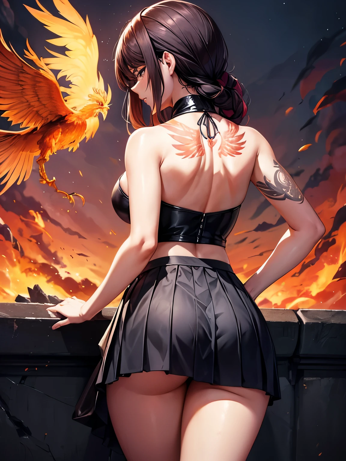 A woman seen from the back, with a large butt, small breasts, and a huge phoenix tattooed on her back between her shoulder blades, not showing her face, and wearing a pleated skirt.
