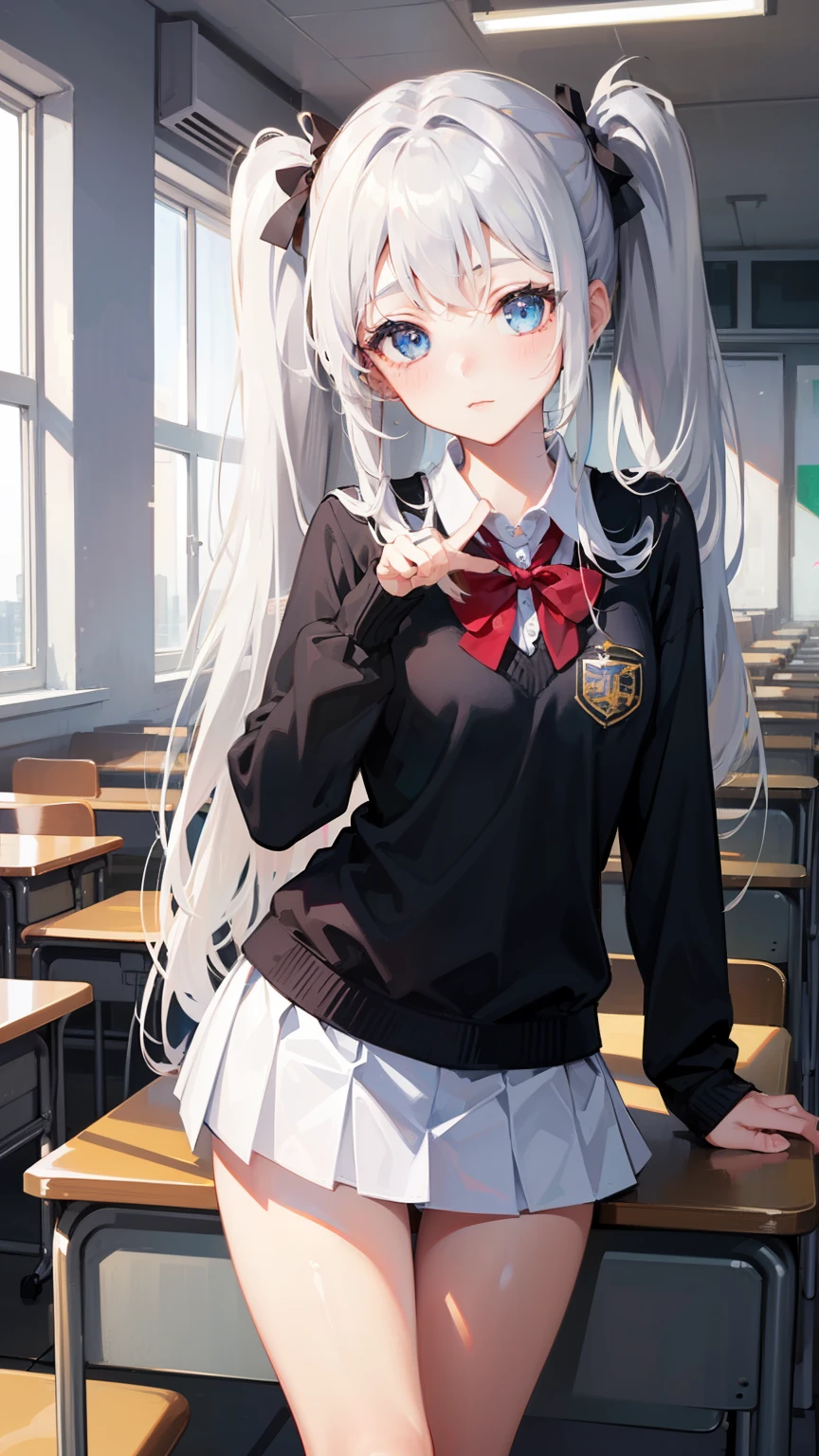 one girl, different pose, Arrange pose,Top quality work, twin tails hair, Show Legs,(long white hair),(blue eyes), Rose cheeks, Pretty Face, A perfectly proportioned face, school classroom, round small breasts, Attractive, Look at the camera, cute pose