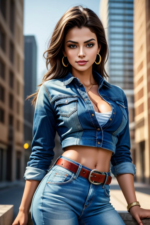 (best quality, masterpiece:1.2), 1girl, beautiful face, beautiful body, Kefla, earrings, denim, belt, vibrant colors, realistic lighting, detailed shading, professional portrait, dynamic pose, urban background
