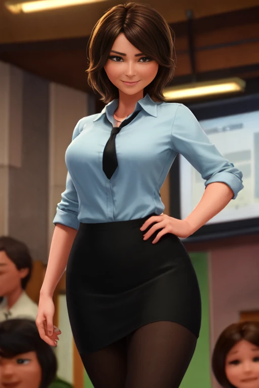 woman、１people、45歳のwoman教師、Cowboy Shot、slim、美people、Well-groomed face、Business suit with knee-length pencil skirt、Walk towards the viewer、Watching the audience。In the background is the school gate.、smile、Anatomically correct body