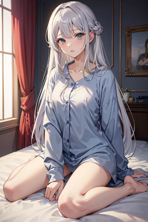 masterpiece, highest quality, High resolution,Anime Style、Silver Hair、long、Sit on the bed、Looks sleepy、Droopy eyes、Yawn、Short pajamas、I can see your panties