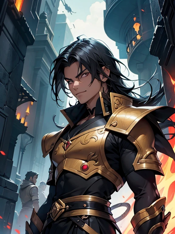 (mejor calidad,high resolution:1.2), detailed fantasy art,serious expression,ojos de robot,pelo largo y negro,sonrisa maligna, postura de lucha, diablo de tensei shitara limo datta ken, serious expression, el cabello es negro, los ojos son de robot, detailed fantasy art, postura de lucha, su sonrisa es malvada, cuerpo completo, fuego alrededor, He'It's night and there is lightning in the sky., Diablo tiene un aura de dios