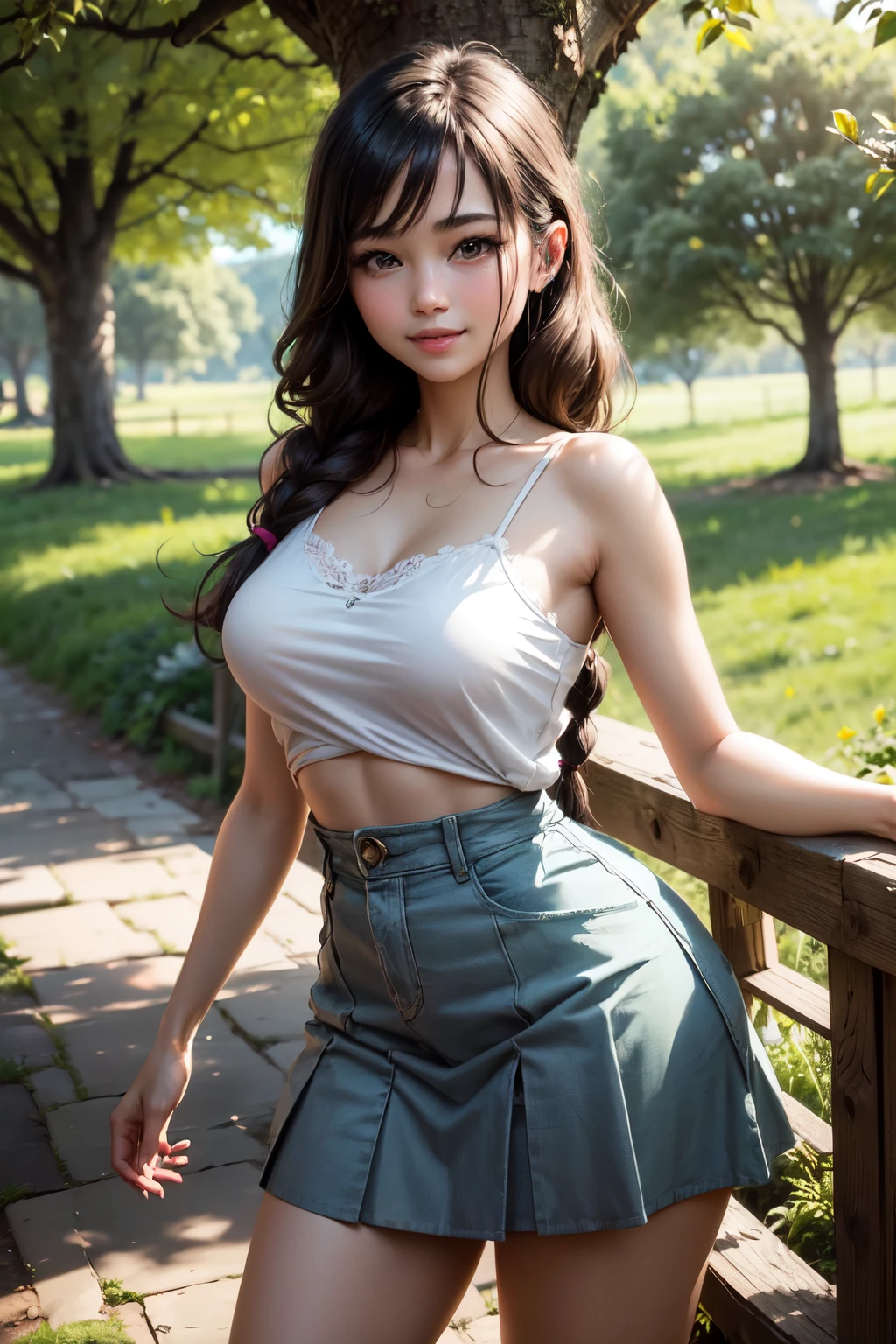 very cute and beautiful girl,(highly detailed beautiful face and eyes),
white camisole,standing under big tree,cowboy shot BREAK
(smile:1.2),happy,looking at viewer,(pleated blue mini skirt:1.15),skirt lift,(laced white panties),
countryside,grassland,hilltop,wooden fence,detailed landscape,black hair,twin braid,
(best quality,masterpiece:1.0),absurdres,highres,ultra-detailed,extremely detailed,32k,8k resolution,
intricate details,cinematic scene,detailed background,solo,dynamic angle,
