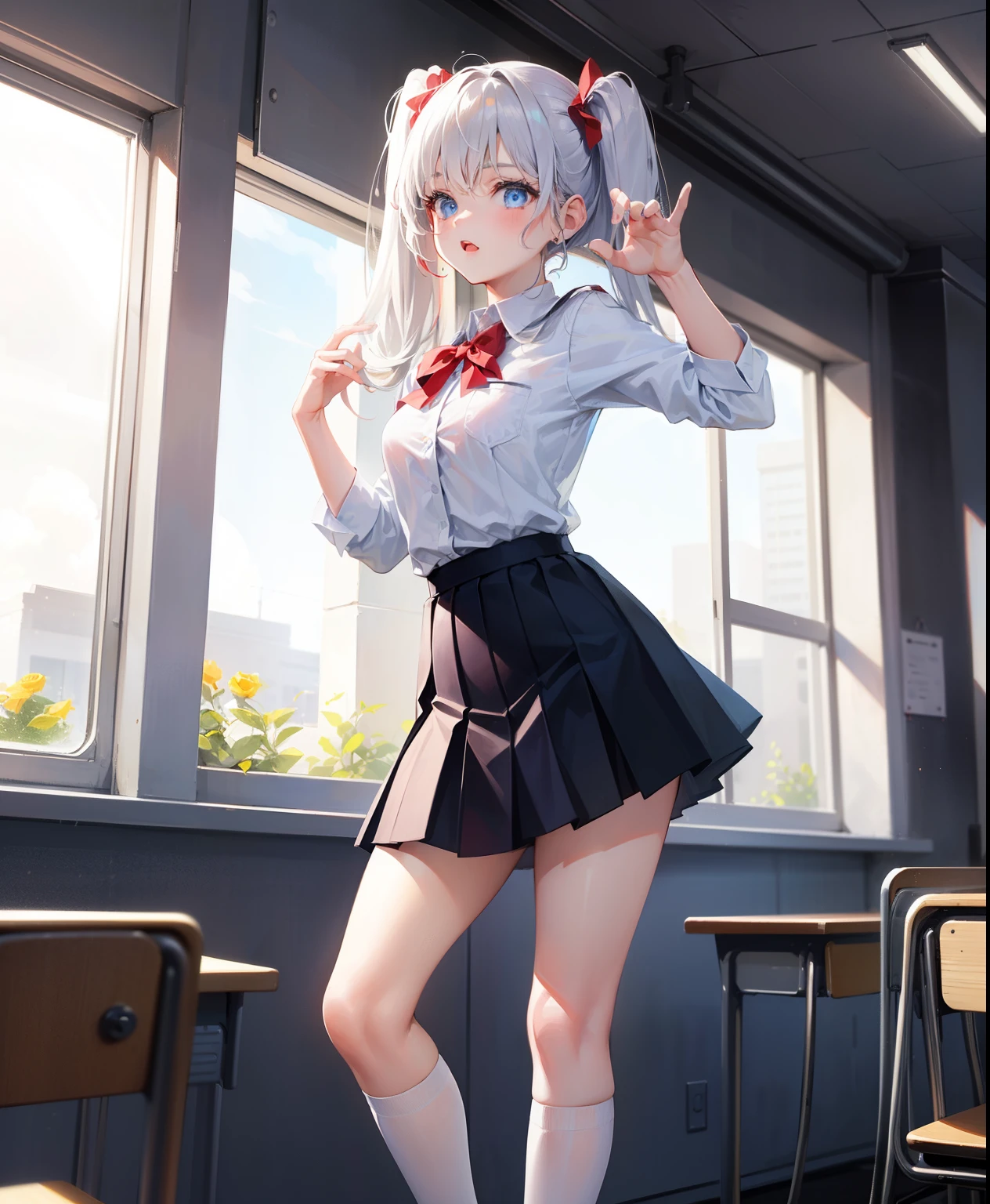 1 girl, 16 years old, Dynamic posing, different pose, Arrange pose,Top quality work, twin tails hair, Show Legs,(long white hair),(blue eyes), Rose cheeks, Pretty Face, A perfectly proportioned face, school white shirt with red bow and black skirt, (school uniform), (school white shirt), white stockings,school, in classroom, round small breasts