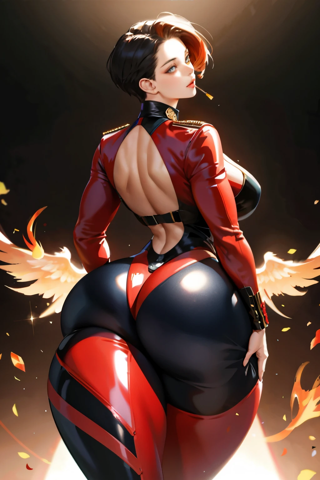 {{{masterpiece}}}, Grand Prize Winner of the "Biggest Booty Contest," sporting a fashionable short haircut and a striking phoenix tattoo covering her entire back, boasting the largest buttocks in the world. The subject, an exceptional woman, poses seductively while tastefully clad in a stylish bodysuit romper. Her physique is slender, yet her legs, thighs, and massive backside are extremely large and prominent, creating an immense and hypnotic sight. The focus of this work is her immense buttocks, which are accentuated to perfection, making them the focal point of the piece. The detailed eyes, delicate face, and shiny skin of the model