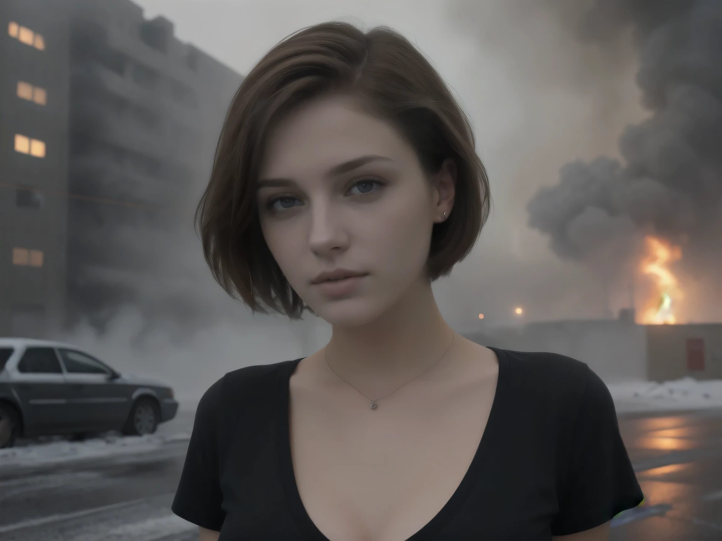 (((medium distance high definition))), beautiful innocent sexy 16 year old (grungy) ((pale)) Bosnian girl, (short brown hair), staring at the viewer, burning buildings, smoke, tight black v neck t-shirt, raining, snow, cold, blizzard, huge DD breasts, cleavage, light reflecting on her face
