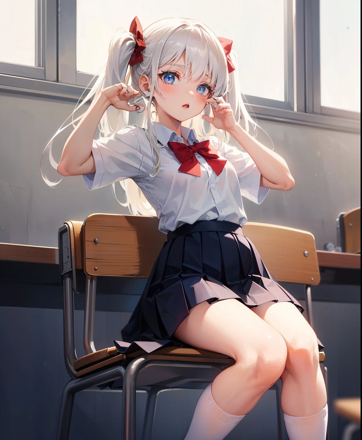 1 girl, 16 years old, Dynamic posing, different pose, Arrange pose,Top quality work, twin tails hair, Show Legs,(long white hair),(blue eyes), Rose cheeks, Pretty Face, A perfectly proportioned face, school white shirt with red bow and black skirt, (school uniform), (school white shirt), white stockings,school, in classroom, round small breasts