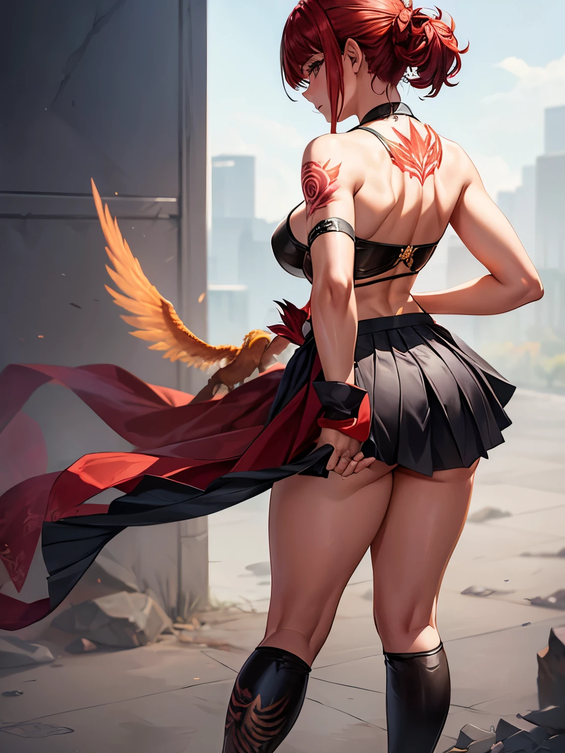 A woman seen from the back, with a large butt, small breasts, and a huge phoenix tattooed on her back between her shoulder blades, not showing her face, and wearing a pleated skirt.