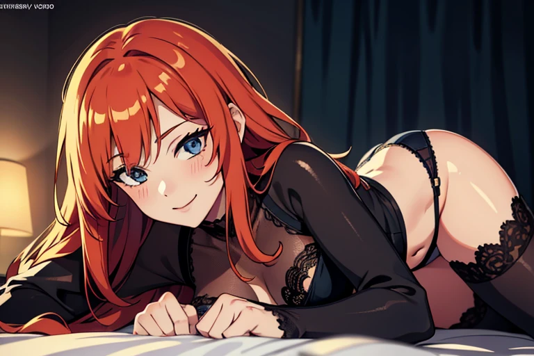 elysia, long ginger hair, beautiful face,smiling,close up upper body, moderate breast, sitting on bed, (open mouth:0.4),illustration,detailed textures(realists),ultra-detailed,portrait style,vivid colors,soft lighting, blushing, mature, no bras, full body, sexy, black lingerie, tights, lying on all fours