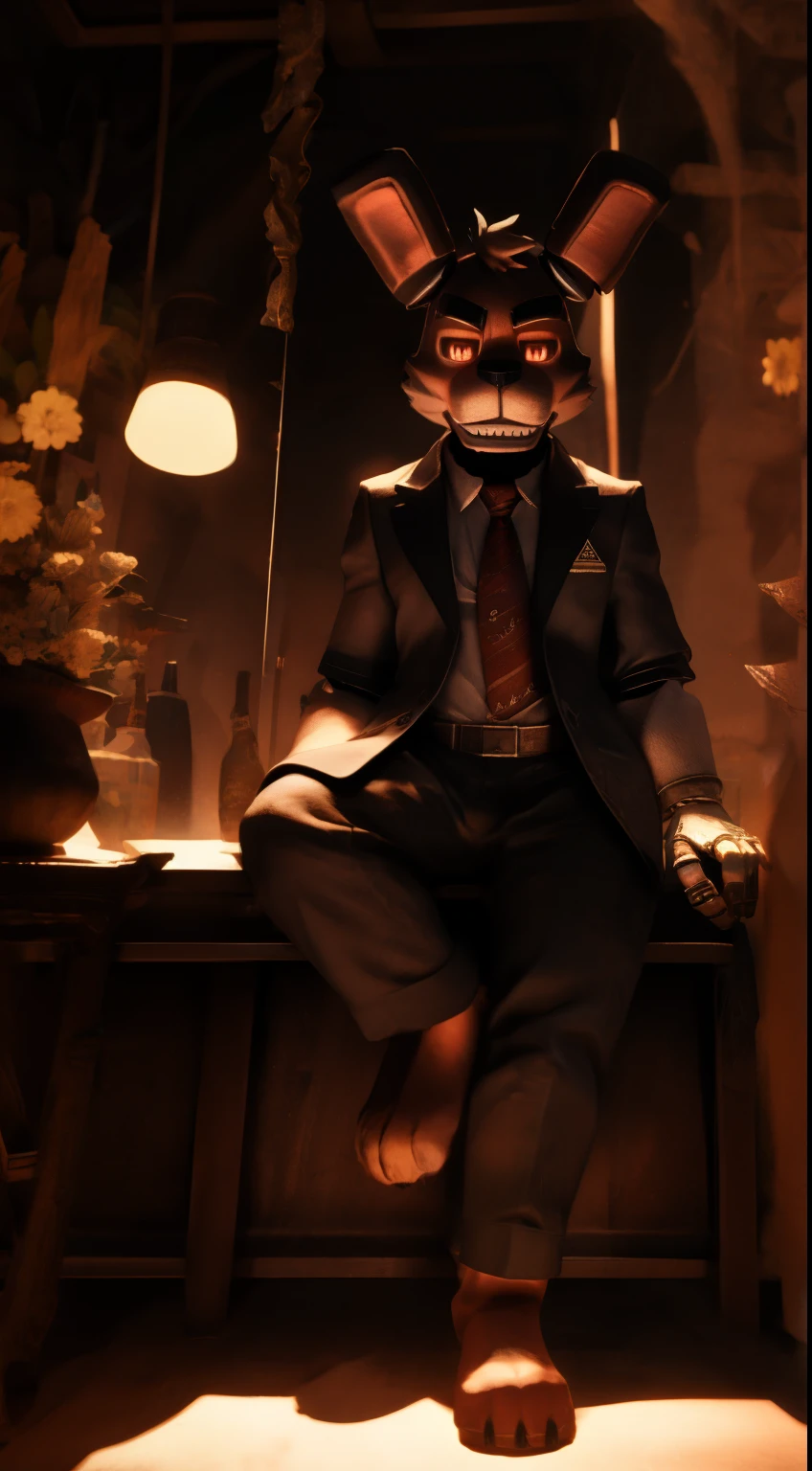 a bonnie the rabbit animatronic from five nights at freddy's, feet facing the viewer, extremely detailed, photorealistic, professional lighting, studio quality, 8k, masterpiece, intricate details, hyper realistic, sharp focus, physically-based rendering, cinematic lighting, dramatic shadows, volumetric lighting, unreal engine
