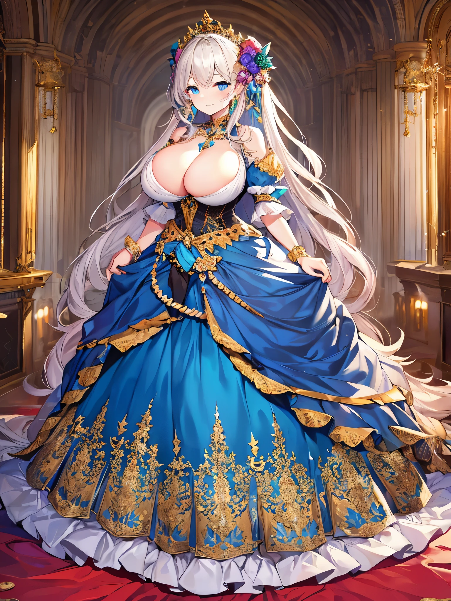 ((moe anime artstyle)),((Masterpiece)),(Best Quality),((Super Detail)),((Very Delicate and Beautiful)),((Solo)),full body,((full body portrait)),(((1 bling-bling princess in beautiful embroidery and jeweled gorgeous rococo ballgown with voluminous full length crinoline hoop skirt))),(((((absurdly gigantic tits,sagging tits))))),(((cleavage))),Skindentation,(detailed face and eyes,gentle smile),jewel-like eyes,((crinoline,long train,beautiful embroidery and lace)),super detailed voluminous gorgeous rococo ballgown with voluminous full length crinoline hoop skirt,((bling-bling voluminous gorgeous rococo princess ballgown with beautiful embroidery and jeweled)),((Very Long Straight Hair,large amount of straight hair, absurdly long Straight hair)),extremely gorgeousfull hair ornament,((extremely gorgeous jeweled big tiara)),luxurious jewelry,((beautiful embroidery and jeweled gorgeous rococo ballgown with voluminous full length crinoline hoop skirt)),full body,(fantasy castle,throne room)