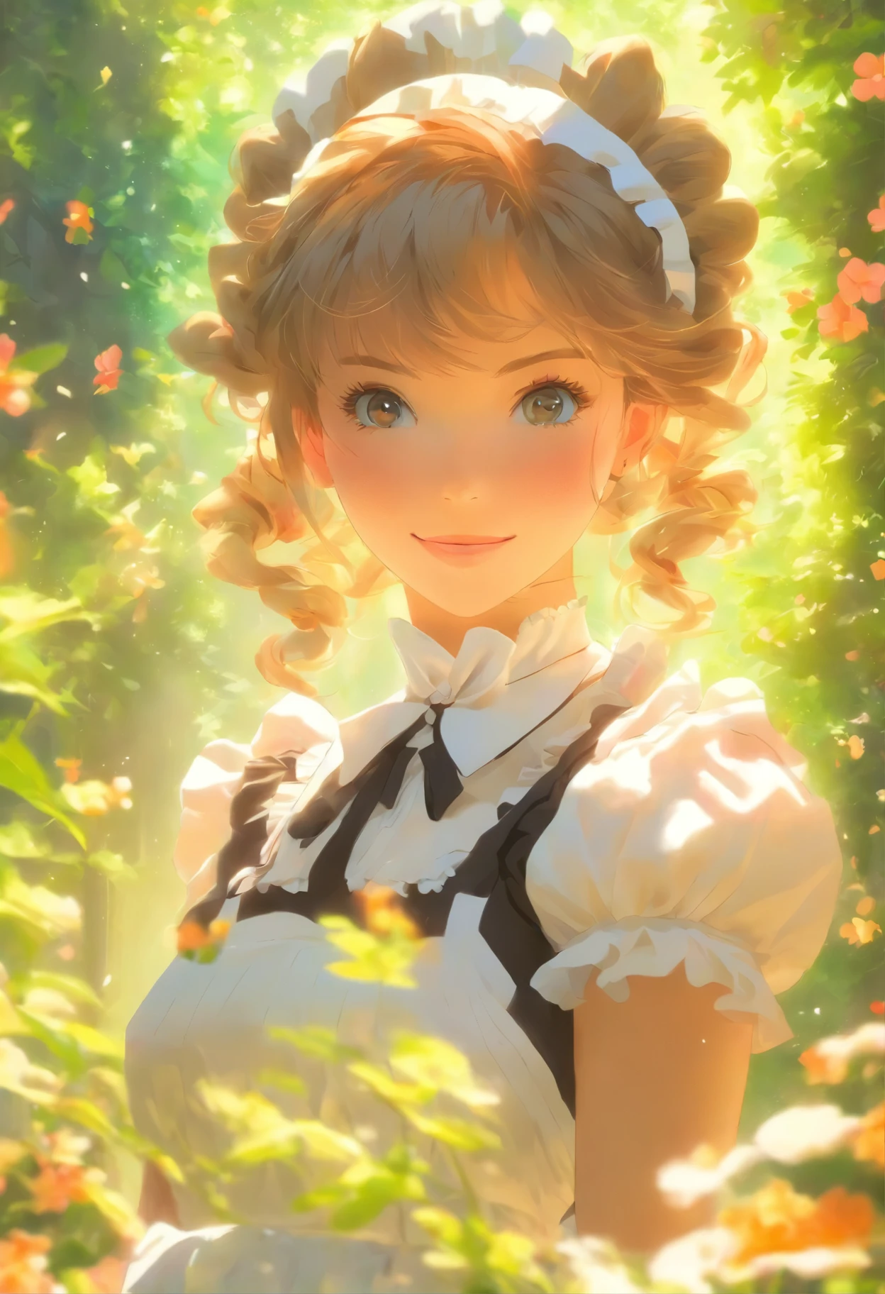 Beautiful young woman in a lush garden、Detailed顔の特徴、Detailed(Maid clothes:1.3)、Calm expression、Detailed花、Sunlight filtering through the trees、Bright colors、Realistic、非常にDetailed、oil、Dramatic lighting、Cinematic composition、Anatomically correct fingers