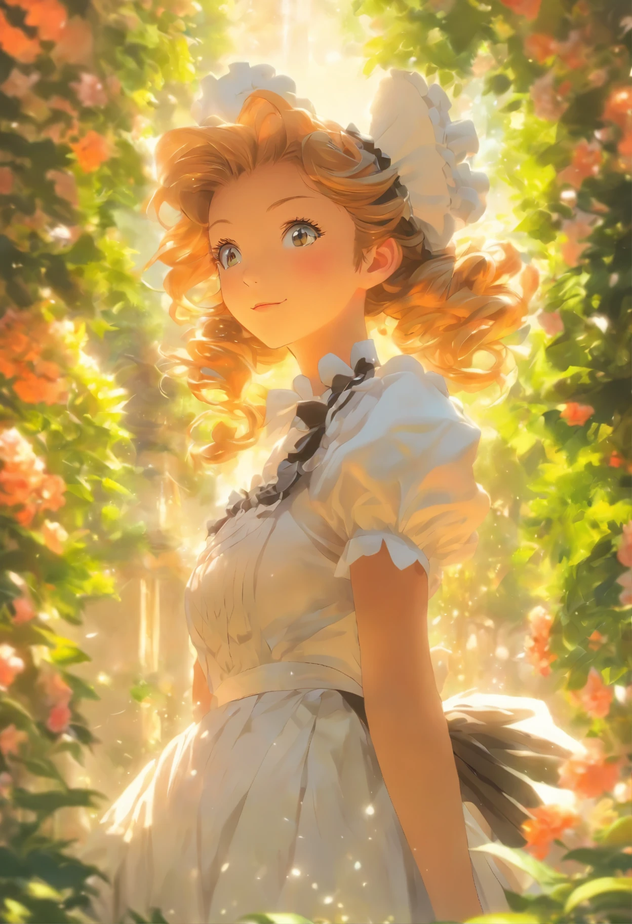 Beautiful young woman in a lush garden、Detailed顔の特徴、Detailed(Maid clothes:1.3)、Calm expression、Detailed花、Sunlight filtering through the trees、Bright colors、Realistic、非常にDetailed、oil、Dramatic lighting、Cinematic composition、Anatomically correct fingers
