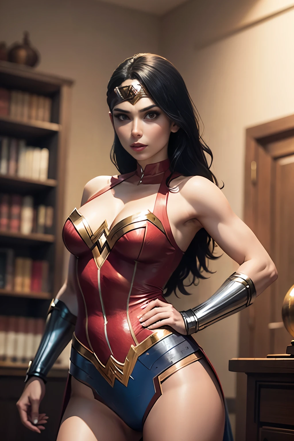 A beautiful woman dressed as Wonder Woman in an exotic pose