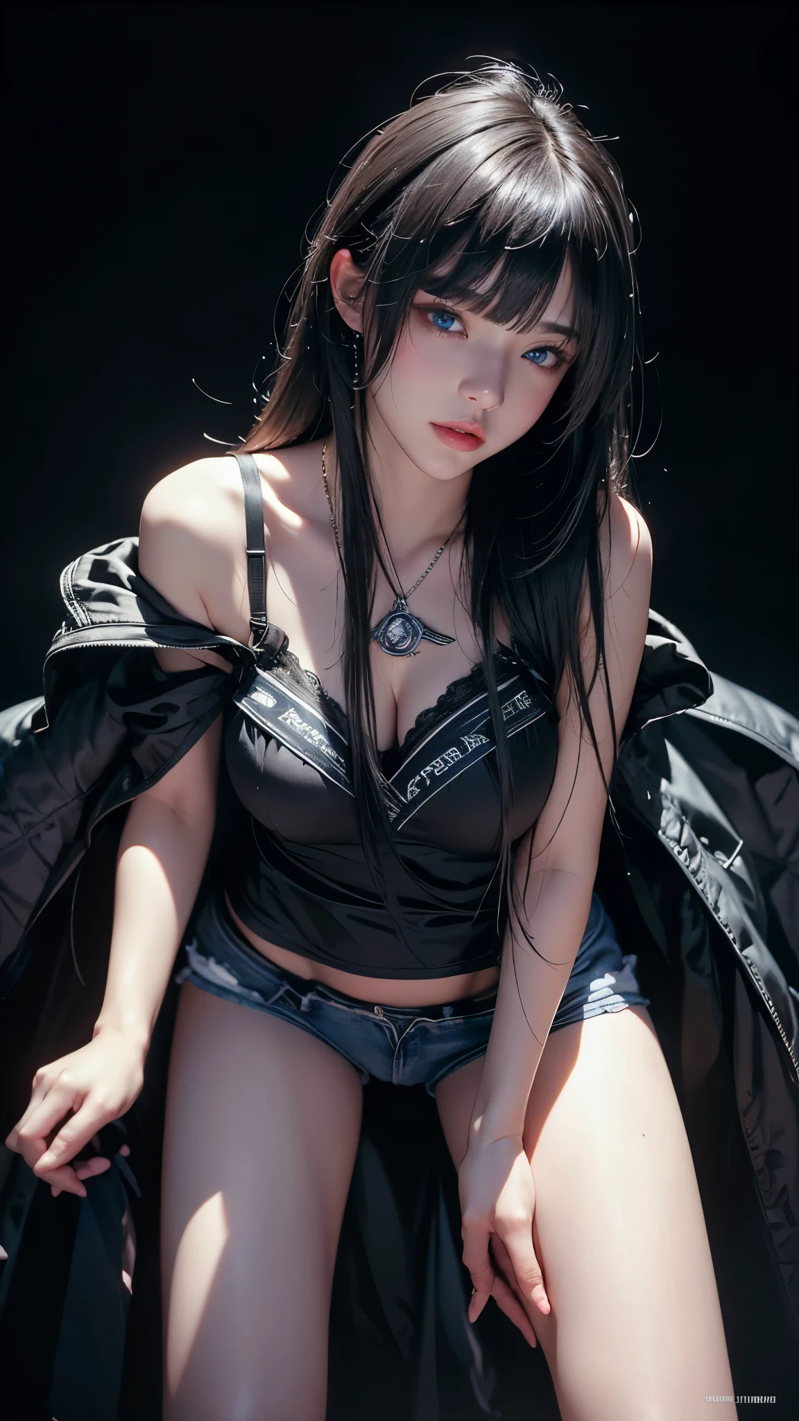 masterpiece, highest quality, Super detailed, Facing the camera, 複雑に詳細なSuper detailed, Realistic, Sharp features, Very detailed, Sharp focus, Perfect Face, Perfect Face, Perfect symmetrical perfect eyes, Perfect Plump Lips, Flexible female form, Cinematic, Film Light, Super detailed, hyper Realistic, masterpiece, Atmospheric, High resolution, Vibrant, Dynamic Studio Lighting, ((Dark Background)), The expression when enduring pleasure, Straight bangs, blue eyes,Sexually aroused expression、Her black thong shorts are visible through the fabric、(((Lean forward with your legs apart))),((Buckshot))