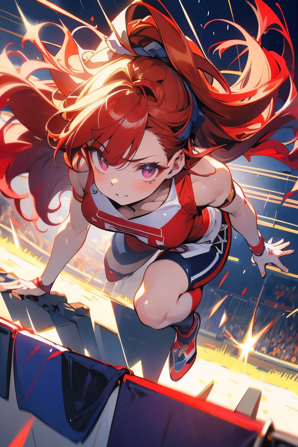 in PIT-Erotic-style style, (((top down view))), Bright ginger long and thick haired tomie, (wearing red, white and blue stars and stripes bandana on head), blunt bangs, (mole under eye:0.7), heavy freckled skin, thick lips, (wearing a Purple, Chromed and gold American Football Uniform with Padded football pants with logos), (muscular female:1.2), (large breasts), (large butt), running down a football field with football, at night with thunderstorm and rain, cheery and determined expression