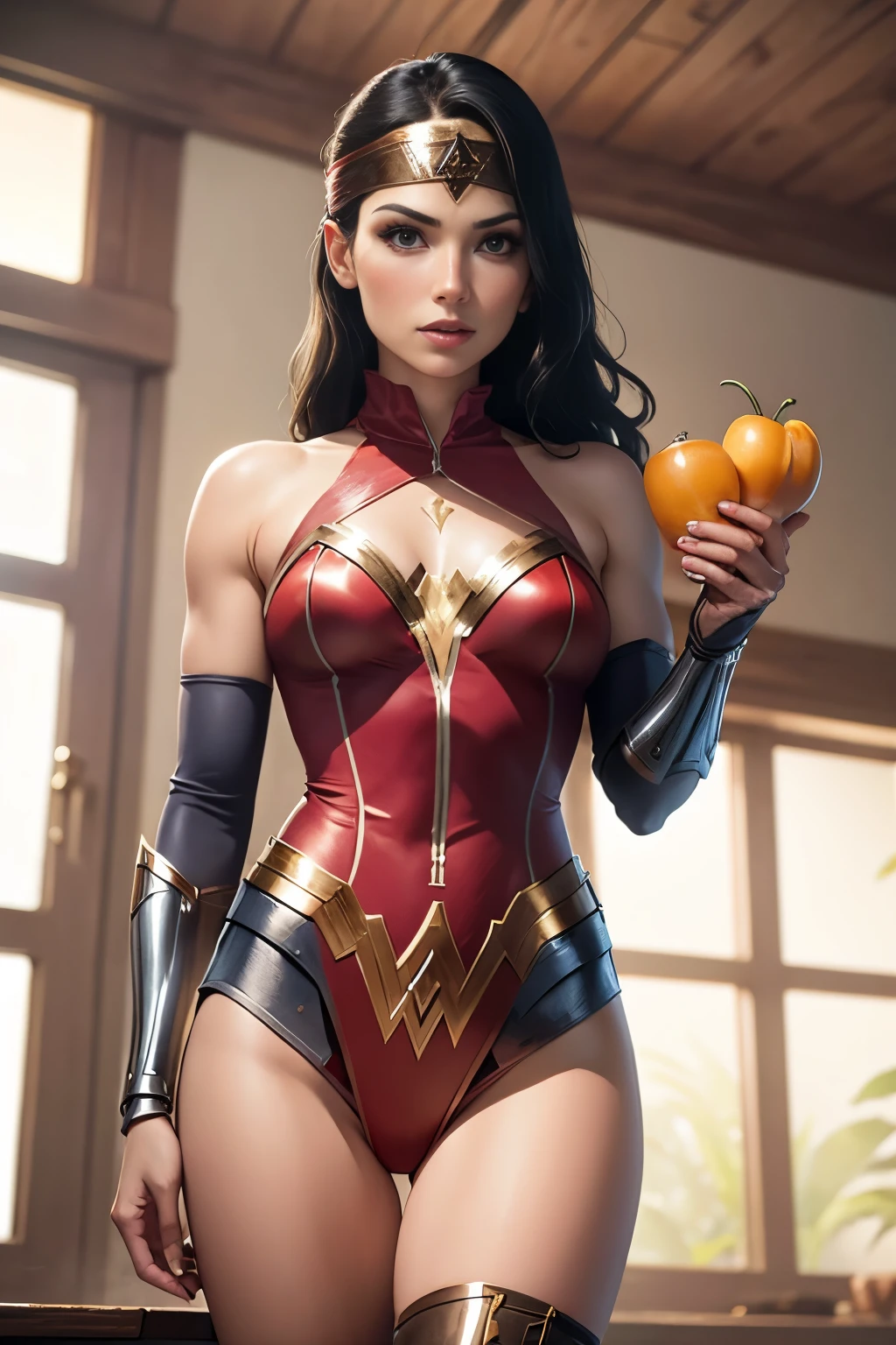 A beautiful woman dressed as Wonder Woman in an exotic pose