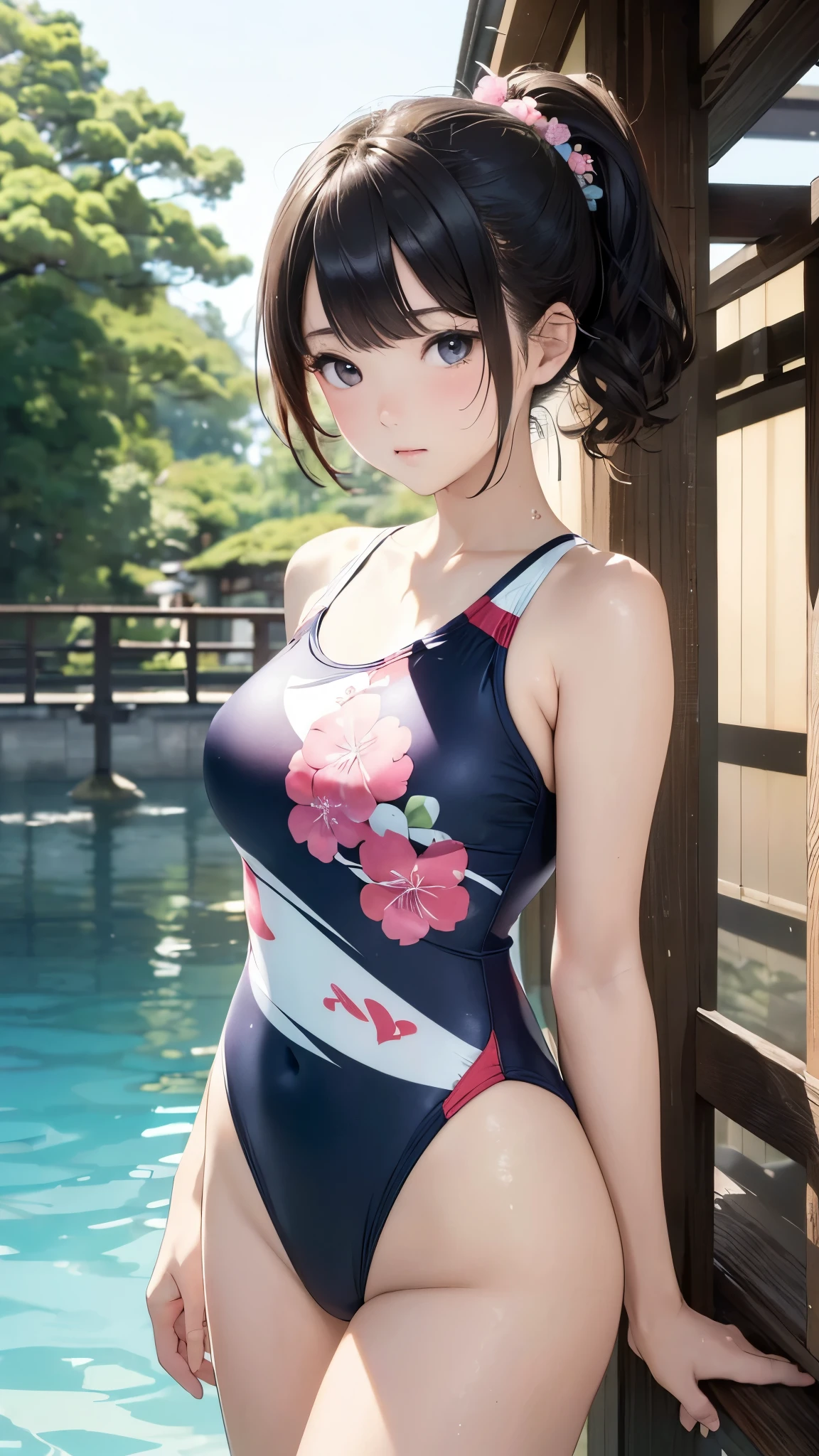 (((masterpiece))),(((High resolution)))、(((8K)))、(((perfect face)))、(((beauty of japan)))、、(((beautiful face))), (((cute swimsuit))), (competitive swimsuit), Plump, embarrassed look, look at the camera, (thighs)、top quality eyes, detailed texture, look at the camera, standing