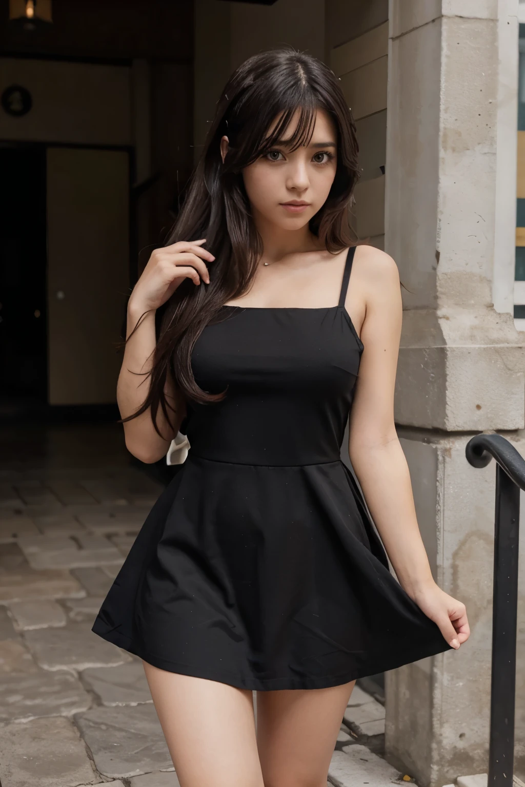 Una chica anime de cabello rubio ondulado largo, de ojos morados con un elegante vestido negro con guantes blancos