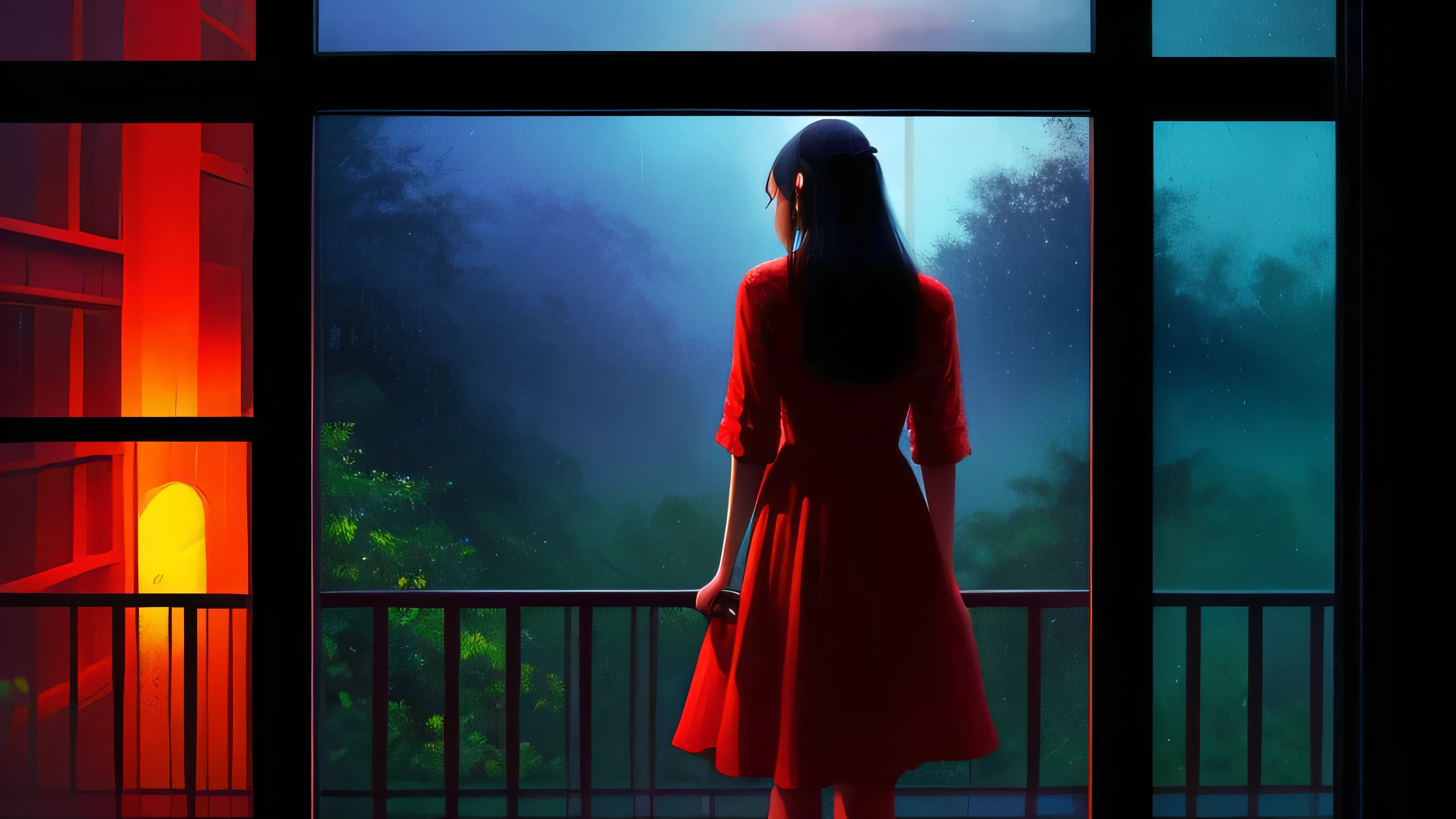 a woman standing in front of a window, looking out window, hand holding umbrella, wearing a red dress, junglescape background, wearing headphones, a digital painting inspired by Alena Aenami, pixiv, realism, rainy night. digital illustration, blurred and dreamy illustration, blues, blurry and dreamy illustration, artistic. lo-fi illustration style, sunset, raining