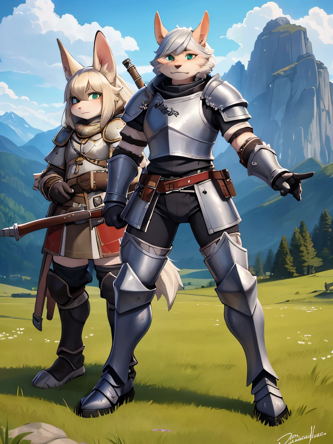 Ork, white-skinned, mittig, steht, full body leather armor with armour, Bewaffnet mit einer Armbrust, schaut richtung Kamera, keine weitere Waffen, Quiver on the back, stehend, Hintergund Schneebedeckte Berge, green valley