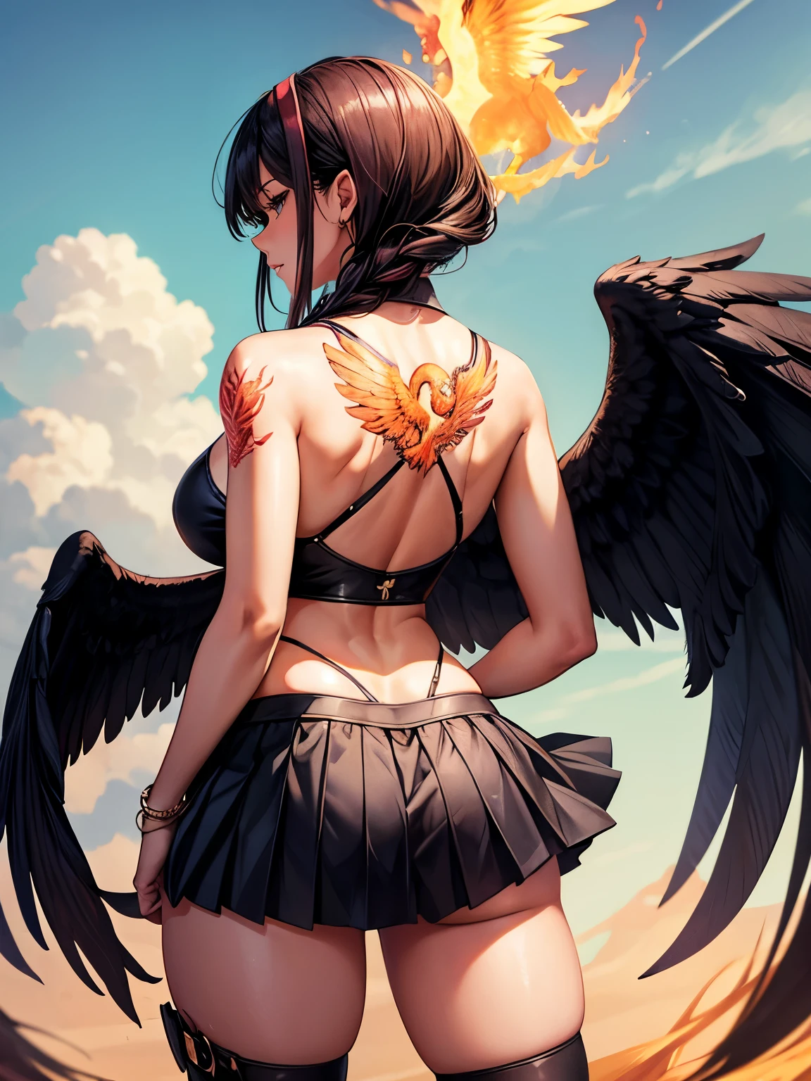 A woman seen from the back, with a large butt, small breasts, and a huge phoenix tattooed on her back between her shoulder blades, not showing her face, and wearing a pleated skirt.