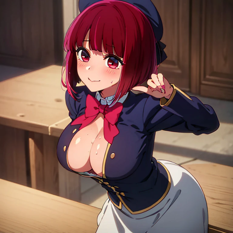 Masterpiece, Best quality, Hard drive, 4k, ultra-high resolution, Extreme detail, super detailed, Beautiful eyes, beautiful hair, Beautiful side, Beautiful skin, Arima Kana, redhead, short hair, red eyes, pupils glow red, big breasts, shiny leather, white shirt unbuttoned, bra drop strap, standing, arms in front, arms outstretched, Ahegao, blush, charming smile, eyes half closed, indoors, close-up, look at viewer 、 a beautiful girl, 1girl, detailed face, beautiful detailed eyes, beautiful detailed lips, extremely detailed eyes and face, longeyelashes, medium shot, full body, blushing, shy expression, erect nipples, clear body lines, long black hair, big breasts, , blazer,, making peace sign with tongue out 、 a beautiful girl, 1girl, detailed face, beautiful detailed eyes, beautiful detailed lips, extremely detailed eyes and face, longeyelashes, medium shot, full body, blushing, shy expression, erect nipples, clear body lines, long black hair, very big breasts, blazer, studio lighting,ultra-fine painting,sharp focus,physically-based rendering,extreme detail description,professional,vivid colors,bokeh,anime, showing cleavage, Naked from the front, Huge butt, expose the whole body, show your whole body , Bodysuit, Only one person, A crying face, Naked, A big breast, A overflowing liquid from the breast , Sweat, Sweat from the whole body, Even now, Sexy, Backward, Angle from diagonal, Scratch one's chest, A pair of patches, Turn behind, Female face, Clothes sweep through sweat, L cup, Pleasure fall, Feeling comfortable, Thick thigh, A pleasant face, Masochist , Eyes with heart, Overflowing breasts, masturbating, Armpit, Female body, Penis