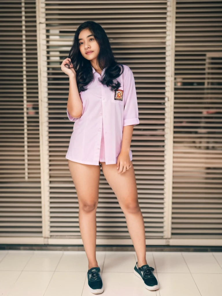 realistic, extremely detailed, 8k, trending on ArtStation, Intricate, High Detail, Sharp focus, cute high school girl, beautiful, standing, indohighschool uniform, black wavy hair, school hallway, cute, photorealistic, full body, detailed, high quality, wearing pink panties, bottomless, visible panties